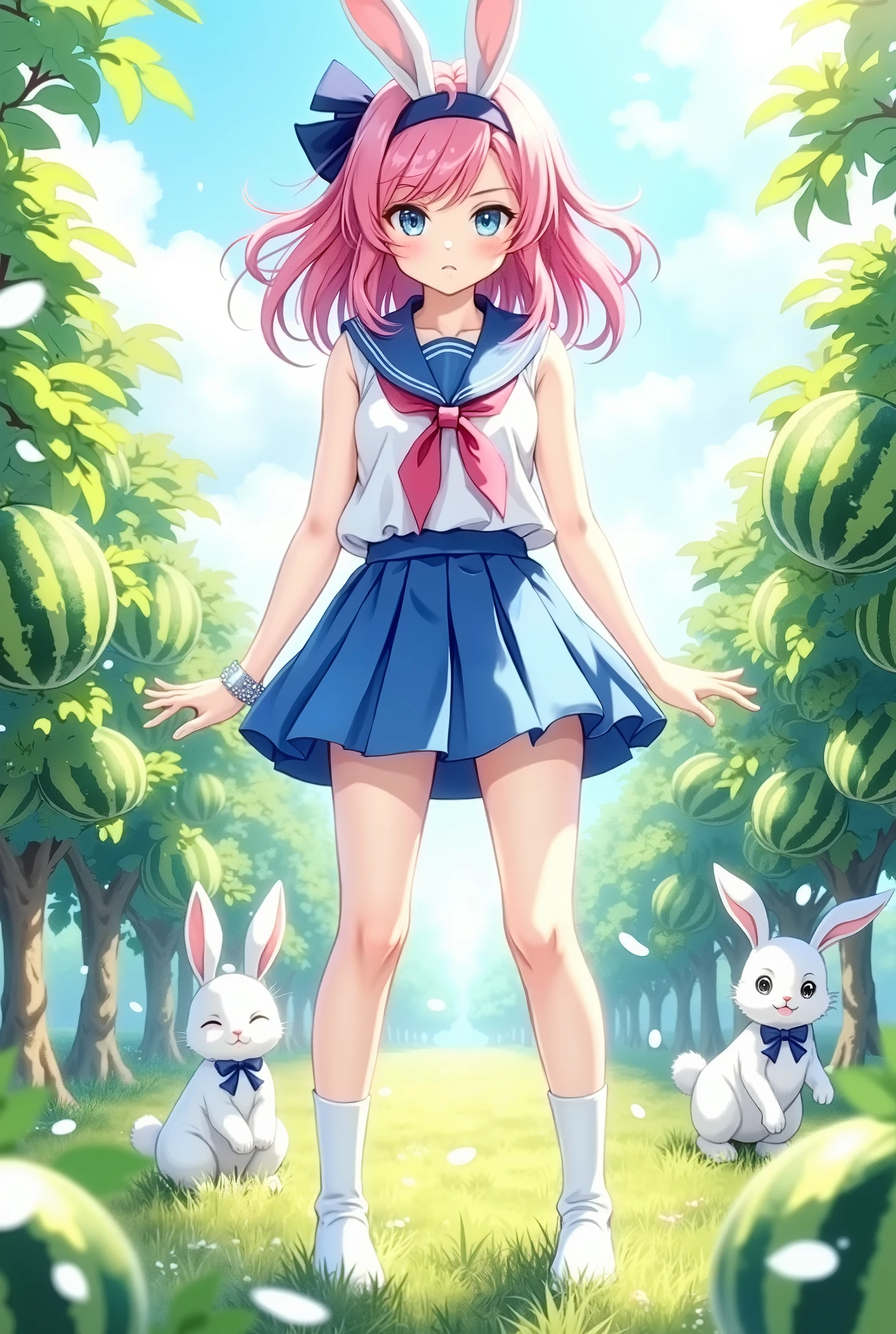 Pretty Cure
cute girl
rabbits
watermelons
The color of the hair is pink。Clothes are blue。
don't make too much of a mess、blue base