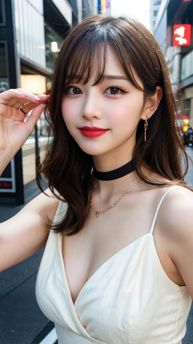 a photo of an elegant Japanese woman eating salad at the outdoor dining area by hotel pool, palm trees in background, beautiful sunset, she has long straight black hair and is wearing large earrings, white top with thin straps, holding fork and plate, posted on snapchat in summer 2018 --ar 45:64