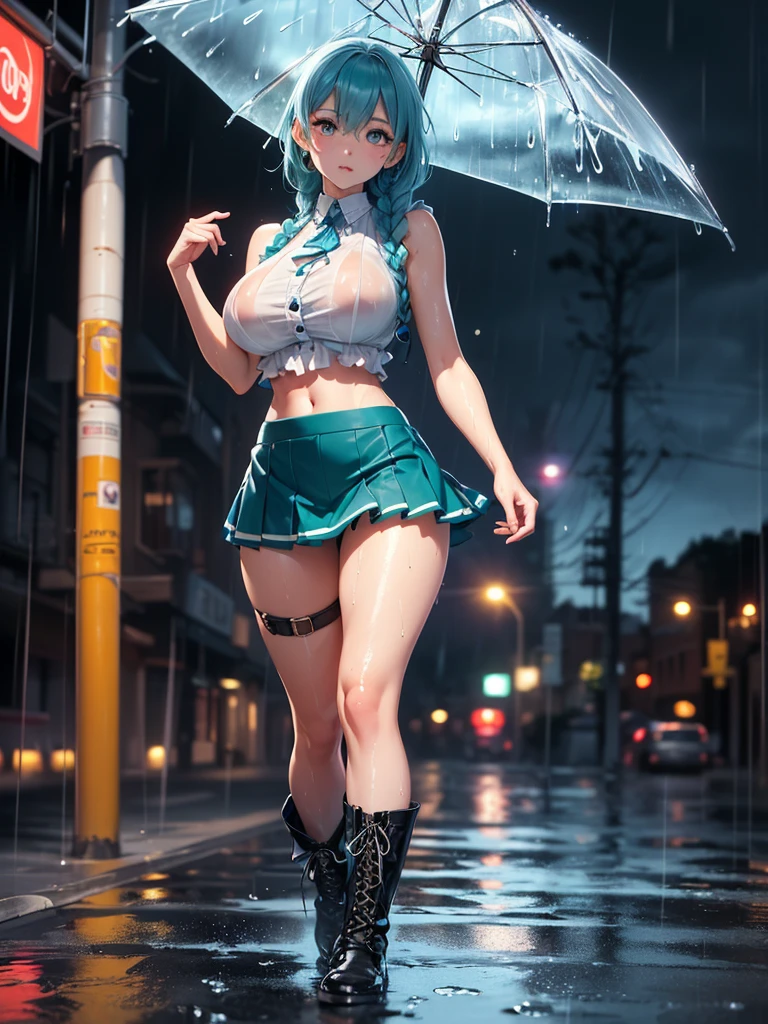 (a girl with green hair in a city,barefoot and wearing a miniskirt and a small shirt that doesn't cover her large breasts, no bra, in an erotic pose and it's raining in the city),Stylized illustration, vibrant colors, high contrast lighting, detailed cityscape, wet pavement, neon lights, urban atmosphere, seductive expression, intense gaze, expressive green hair, provocative body language, confident posture, suggestive outfit, suggestive rainy atmosphere, erotic tension, sensual ambiance, soft focus.