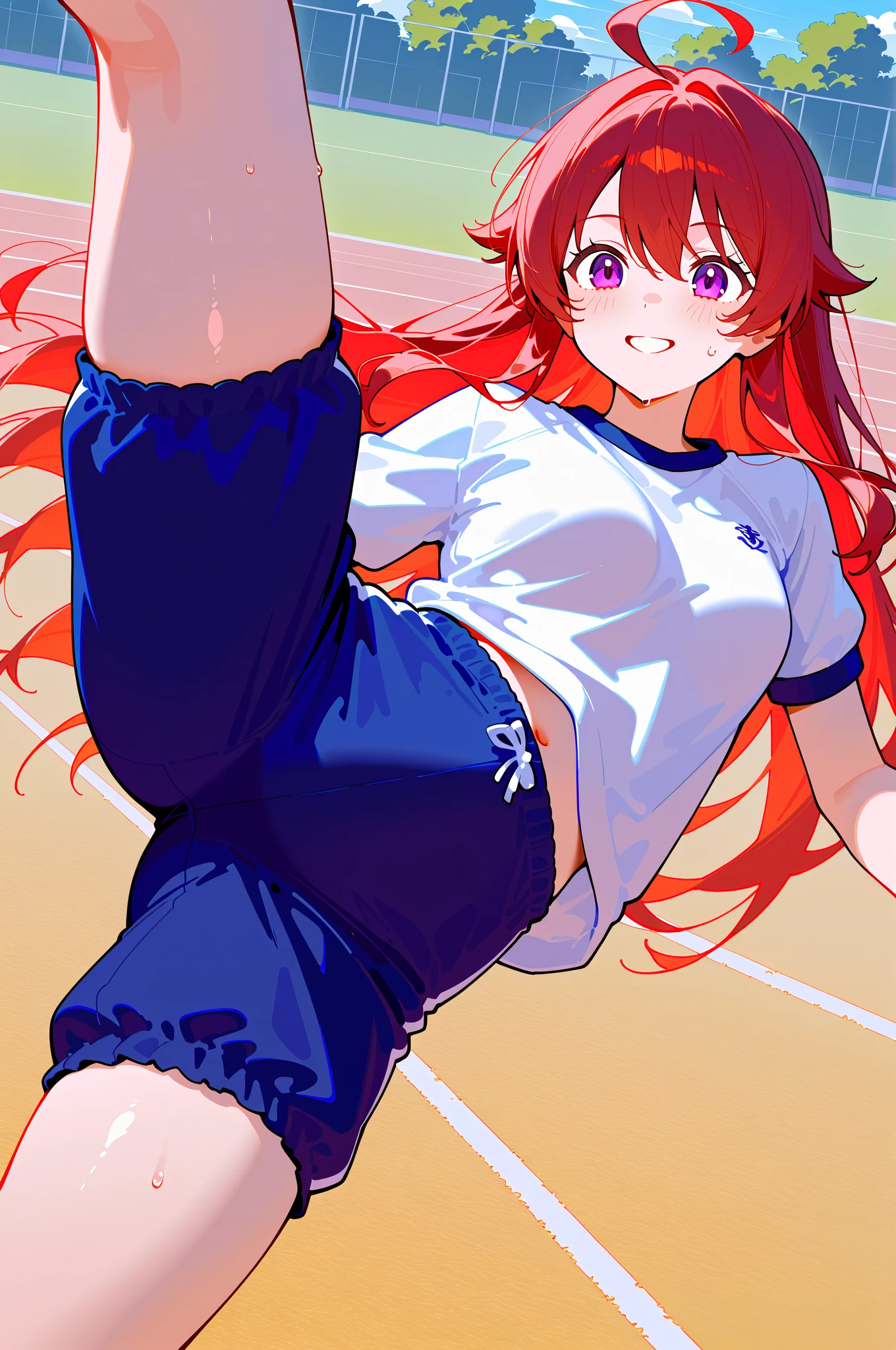<lora:_sdxl-ibalance:1.0> ibalance standing on one leg leg_lift standing_split leg Holding leg, 1girl, Training pants, Running shirt