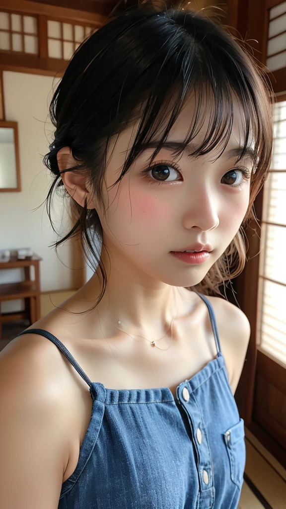 a close-up of a woman with a messy bun in a dress, menina bonito-fino-cara, Ulzzang, Xintong Chen, young cute wan asian face, Xision Wu, Wenfei Ye, menina coreana, Shikami, Chengyou Liu, Beautiful Asian girl, young adorable korean face, Qifeng Lin, Yanjun Chengt