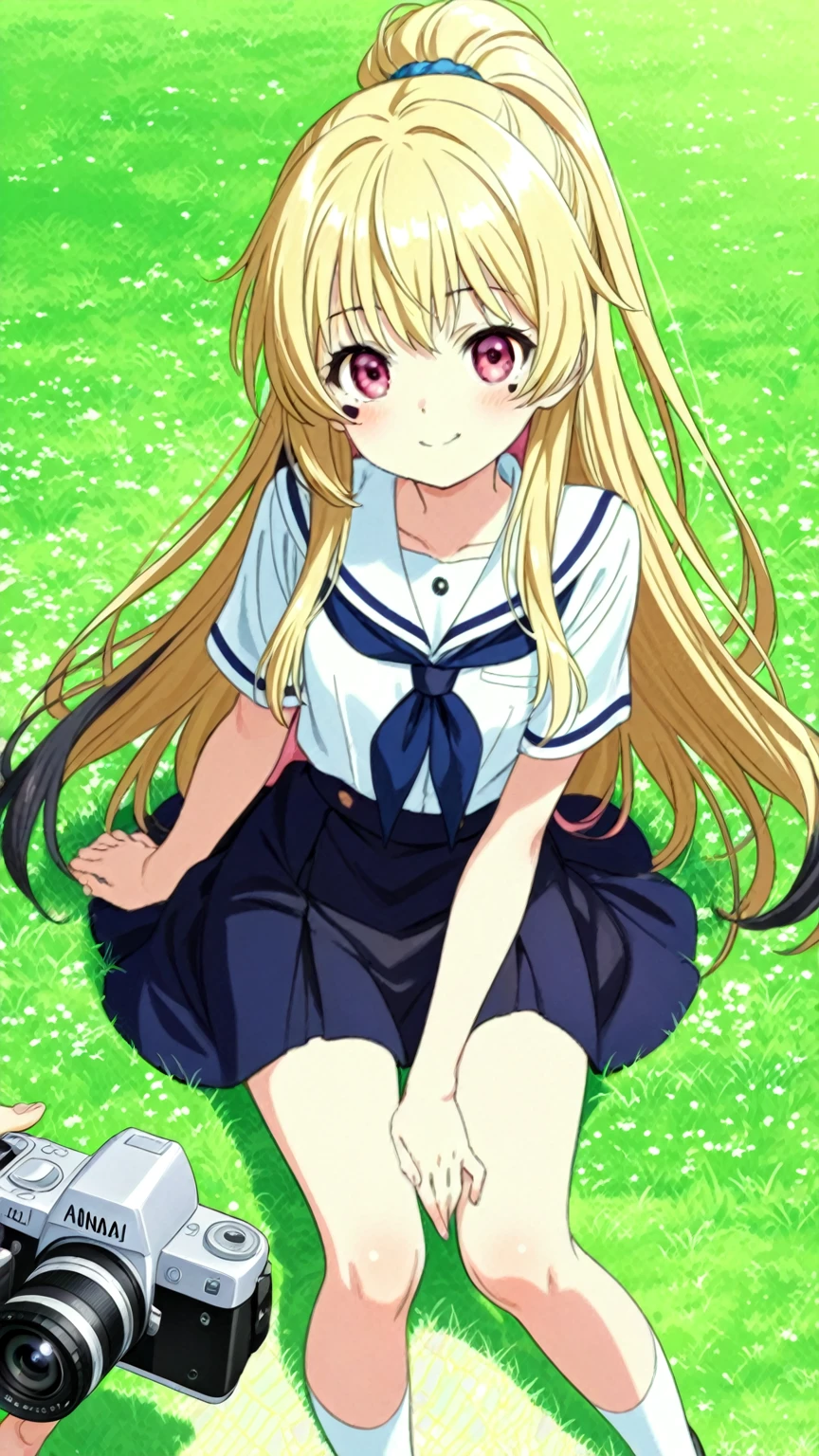 Asia　Beautiful long blonde hair　green eyes　high school girl　mini skirt　white panties　smile　Squat with your legs apart