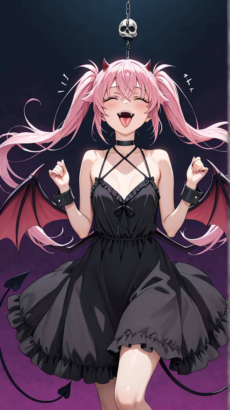vampire, 1girl, fangs, head wings, one eye closed, gloves, wings, white dress, pink hair, gigantic breasts, pantyhose, dress, black wings, sharp teeth, black gloves, multicolored hair, black tail, bat wings, cleavage, fangs out, pointy ears, smile, night, full moon, <lora:Zyugoya:0.6>