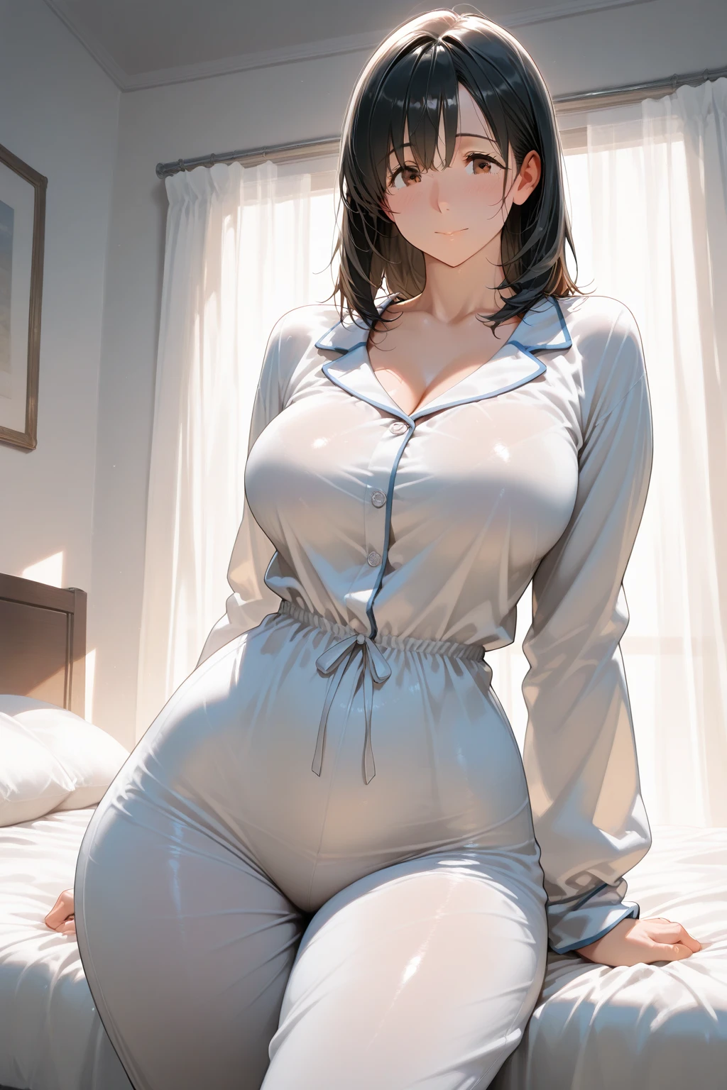 Highest quality,Highest Resolution,Beautiful smiling girl in a bathrobe gown,Cat ear,Big Breasts,Brown hair short bob,Bedroom,whole body,front,Night view outside the window,Very beautiful eyes,(((eye shadow))),(((Eyebrows))),(((makeup))),