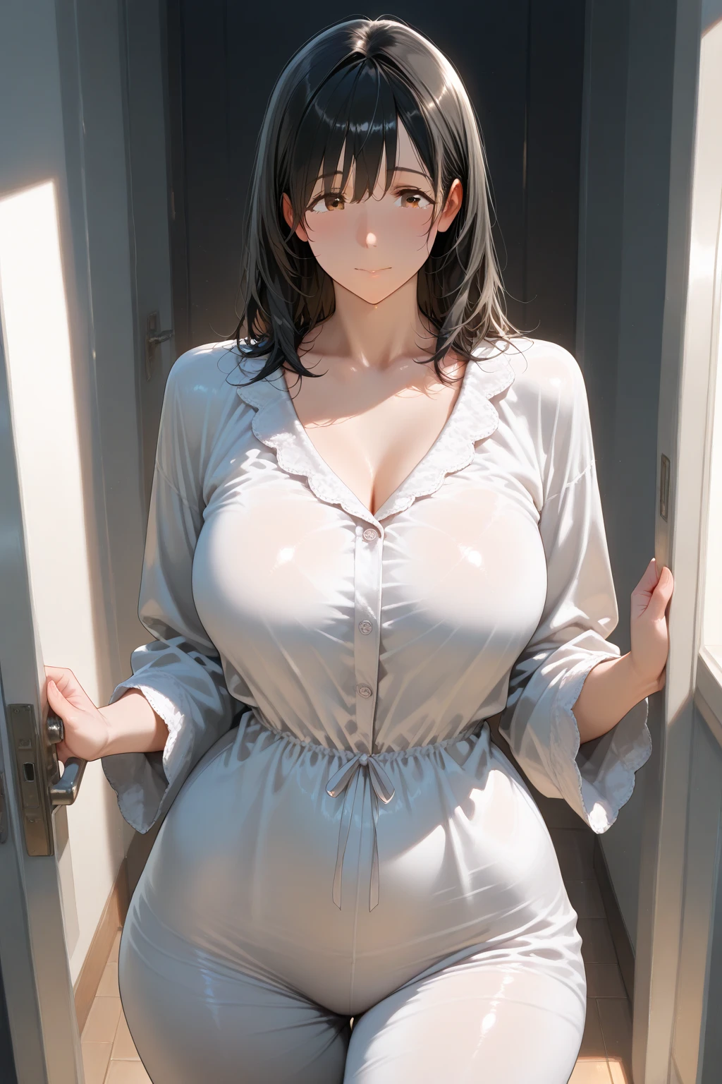 elegant sexy woman with beautiful long hair, Mature (((Big breasts,Very skinny,perfect anatomy,perfect hands,two hand,perfect five fingers:1.5))), (((Wearing a maid uniform ))), (((Sexy Pose,Invite her lover：1.5))), blush, nose blush, submissive, Meek, Cute, Adorable, ((Mature)),(Hotel room,Detailed,Open the door:1.5),(steam,in heat:1.5),by Alex Maleev, Professional, Canon Camera, Nikon Camera, sharp, Bokeh, Studio Quality, fish-eye lens, by Robert Capa ,