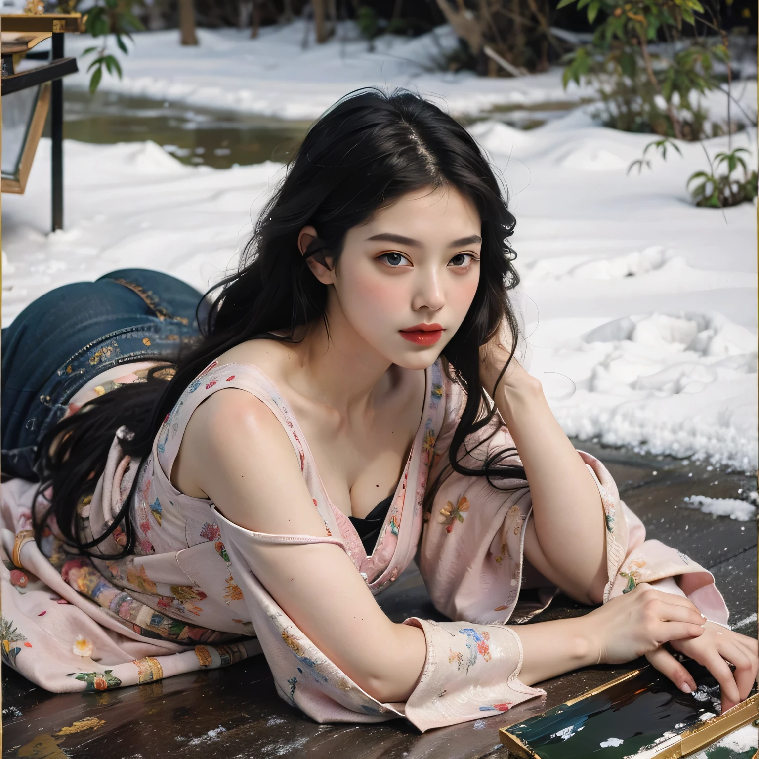 (masterpiece, Highest quality, One girl, alone, Intricate details, chromatic aberration), (Realistic), (顔のshape: Long face),(eye: きりっとしたeye, Cold Stare, eye shadow),(nose: nose筋のthinnose),(mouth: Neutral lips),(skin: 透明感のある白いskin), (shape: Wide Hips, Thigh Gap, Small breasts, thin), (Overall impression: Korean young woman), (Pink Blue Background), Strike a Pose
