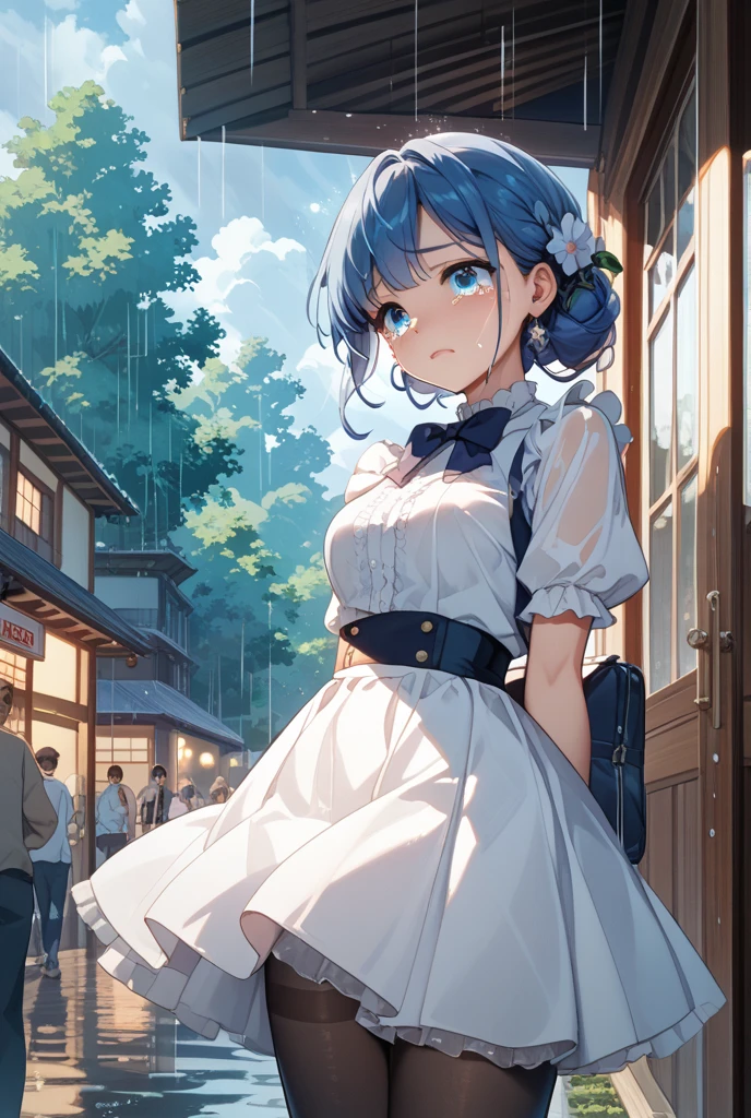 1 girl, smiling, blush, beautiful eys, medium hair, wet, raining, night, steet, transparent white dress, blue bra visible, black hair shining blue, big boobs, night city,