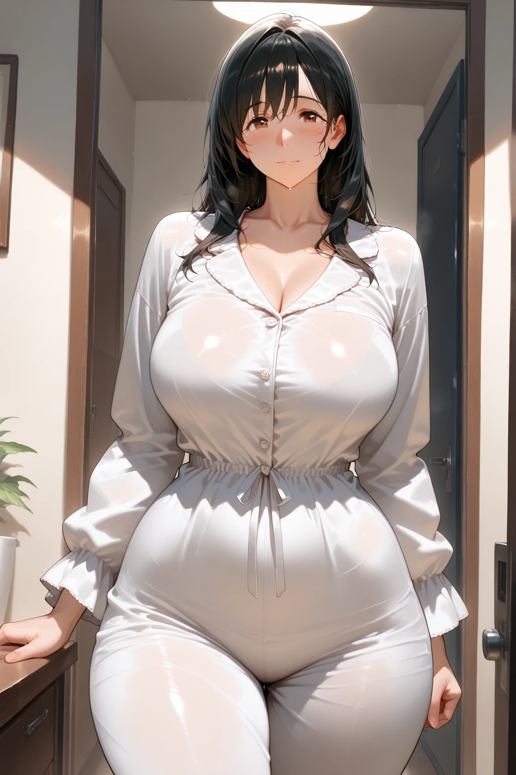 (best quality), (masterpiece), 1 girl, early 20's, small breasts, busty, perky breasts, thick, thick lips, wide hips, thin waist, flat chested, bra visible through clothes, white shirt, see through
