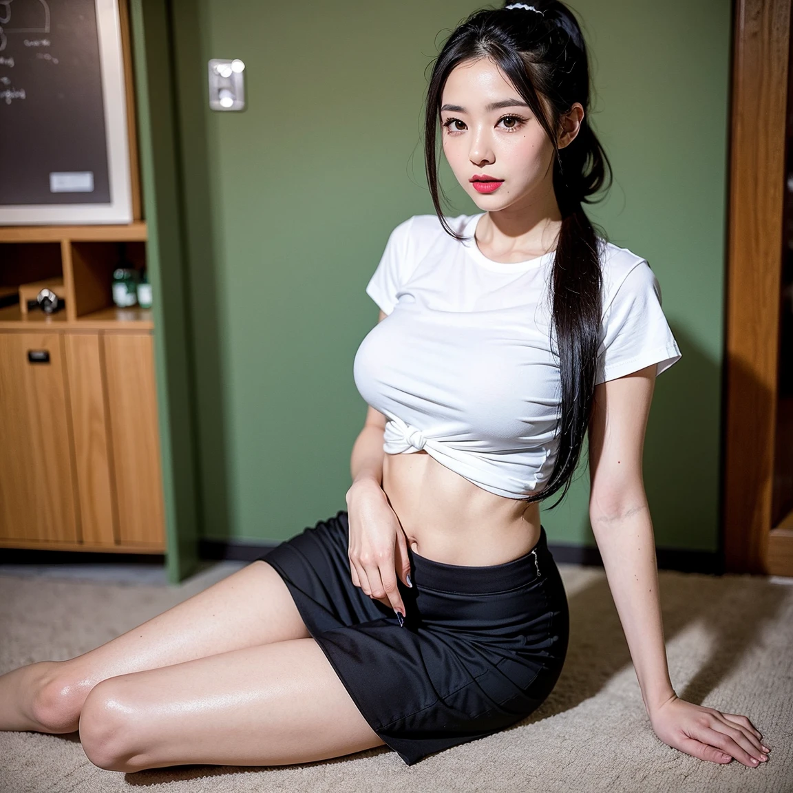 Ulzzang-6500-v1.1,(OriginalPhotographs:1.2), (Photorealistic:1.4), beautiful detailedgirl, Very detailed eyes and face, Beautiful detailed eyes, absurdities, incrediblyabsurdres, hugefilesize, hyper detailed, high - resolution, very details，best qulity，The Masterpiece，kemomimi，Tight T-shirt，illutstration，very details，CG，unified，8k wallpapers，Amazing，finely detailled，The Masterpiece，best qulity，very details的 CG unified 8k wallpapers，light on face，cinematic lighting, (half-body)，((Pantyhose))，((sitting​)), busty lady, bigger breasts，short  miko skirt，Pleated skirt，eye glass，pony-tail