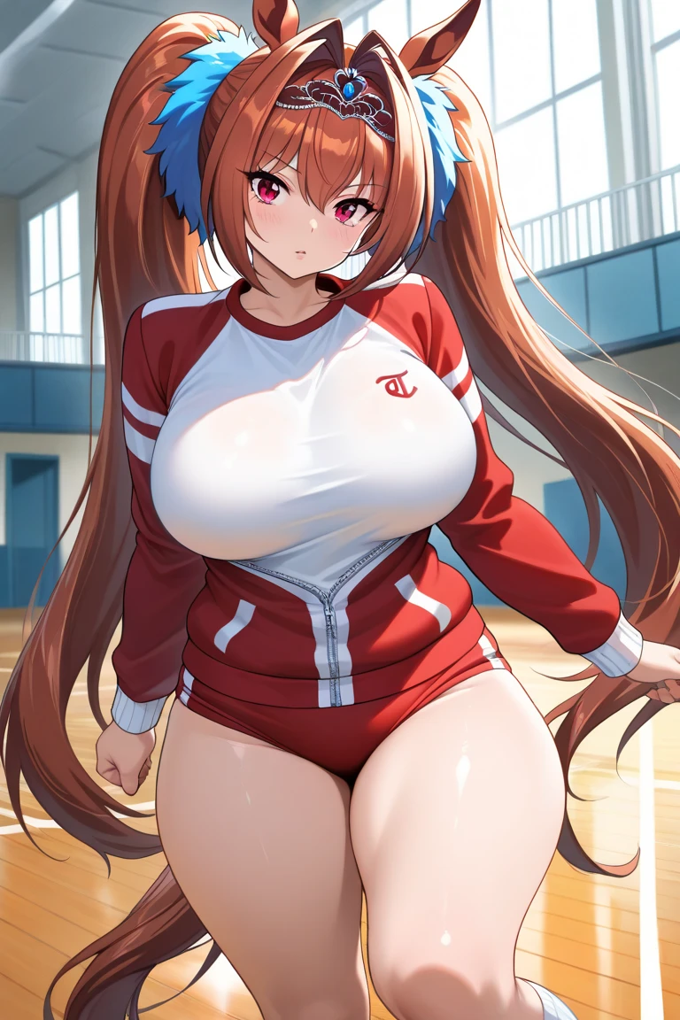 score_9, score_8_up, score_7_up, score_6_up, score_5_up, score_4_up, source_anime, anime screencap, best quality, masterpiece, 1girl, solo, exercise ball, thighhighs, buruma, brown hair, long hair, ball, breasts, blue eyes, white legwear, shirt, red buruma, white background, open mouth, simple background, large breasts, white shirt, gym uniform, looking at viewer, short sleeves, shoes, full body, spread legs, sitting,  blush, sneakers, parted bangs, blue footwear, gym shirt, very long hair,  forehead, sleeveless, sleeveless shirt, smile, t-shirt, thick thighs, thighs, rating_explicit