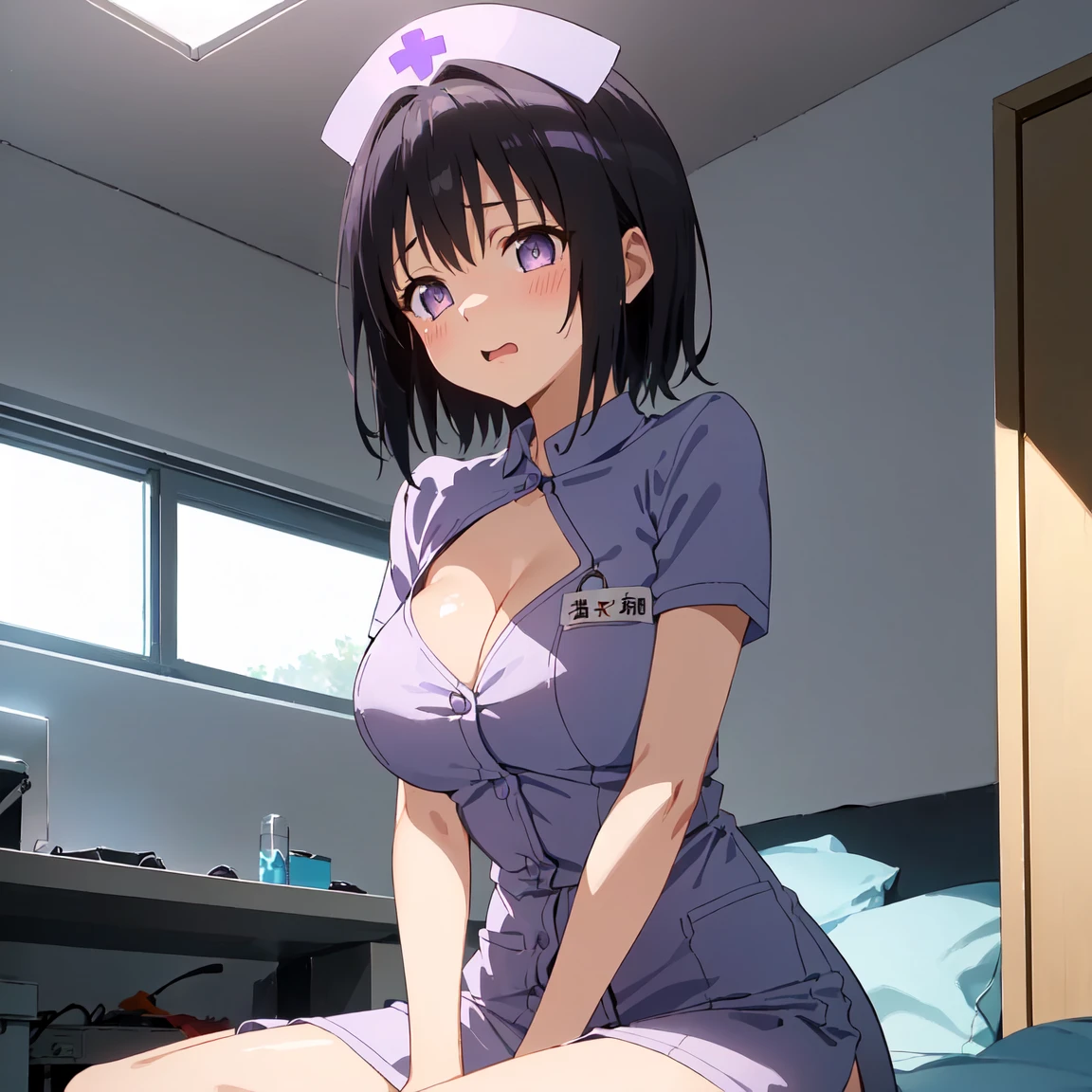 Made, absurderes, Hinata\(Boruto\), 1girll, Solo,Mature female, view the viewer,Perfectcomposition, Detailed lips, big breast, Beautiful face, body propotion, Blush, (Pink lips), Long hair, Purple eyes, Soft gaze, Sad smile, Super realistic, Detailed, photoshoot, Realistick faces and bodies,(Wearing a nurse's uniform,nurses uniform,A nurse's headdress is worn on his head,Wear extra-short jeans,Long white stockings,There is a rabbit tail tied on the butt),(perspire,Sweat a lot,Blushlush,Be red in the face,I had a lot of sweat on my face,Blushlush),(Bigboobs),In luxury hotels,get down on the bed,Enchanting pose,