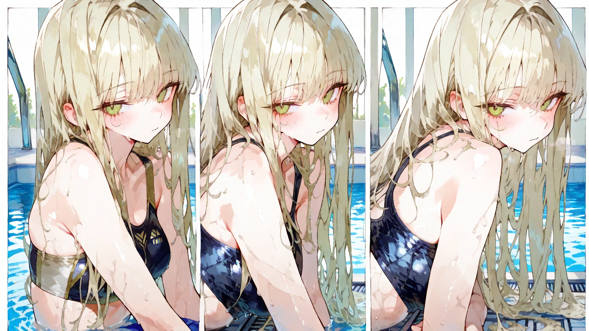 ((masterpiece)), ((high quality)), ((Very detailed)), ((High resolution)) ,((8k)), Beautiful woman, ((She is one of the most famous female gravure idols in the world..)), Unparalleled beauty, ((Big Ass)), Narrow waist, Ultra detailed face, Perfect Skin, (((Blonde Straight Hair))), blue eyes, Detailed eyes, (((anime))), 24-years-old, ((Incredibly beautiful woman)), ((F cup bust)), ((((School swimsuit designated by the school)))), ((Beautiful breasts)), Beautiful feet, 6th class large, anime, The most beautiful、Strongest, ((charm)), ((British Beauty)), ((Adult face)), ((Okinawa's ocean, sunny, Swim gracefully in the sea, Wet)), ((Fascinating)), Sensual,