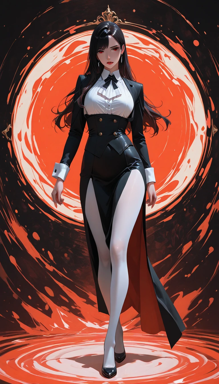 beauty、He is wearing a white striped dress shirt and a black vest..、Wearing a flashy black feather coat、Big Breasts、Wear tight black pants、He has two red belt holders on his waist..、Wearing flashy sleeves and gloves、Wearing a black tie、White Background