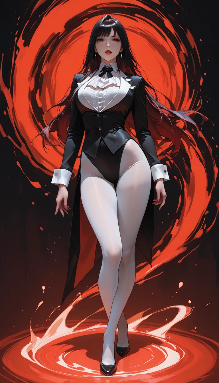 Satsuki Kiryuin, Satsuki Kiryuin from Kill-la-Kill, big breasts, voluminous breasts, curvy breasts, mesh stockings, standing with a katana, full height, bottom view, best quality, very detailed, ultra 8k resolution,huge breast, coat , vest, long skirt, portrait, full body, victorias clothing, long dress, knight, pants, black skinn suit, medieval city, plants, vest,polo shirt, forest, long skirt