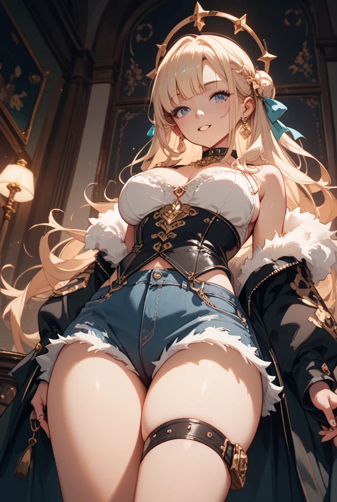 ((Light blonde hair)),((Super long curly hair)),(balloon sleeve long sleeve clothing),(plaid long sleeve tops),((black long vest),((denim type corset)),((Feeling of fatigue and weakness)),((Perspective from below)),Slight red tide,((wearing bold clothes and sitting on a chair)),(Reading)),((A room covered in pink and white roses)),(()),((Cleavage that looks modest)),((Collars and necklaces decorated with roses)),,((Take your eyes off)),