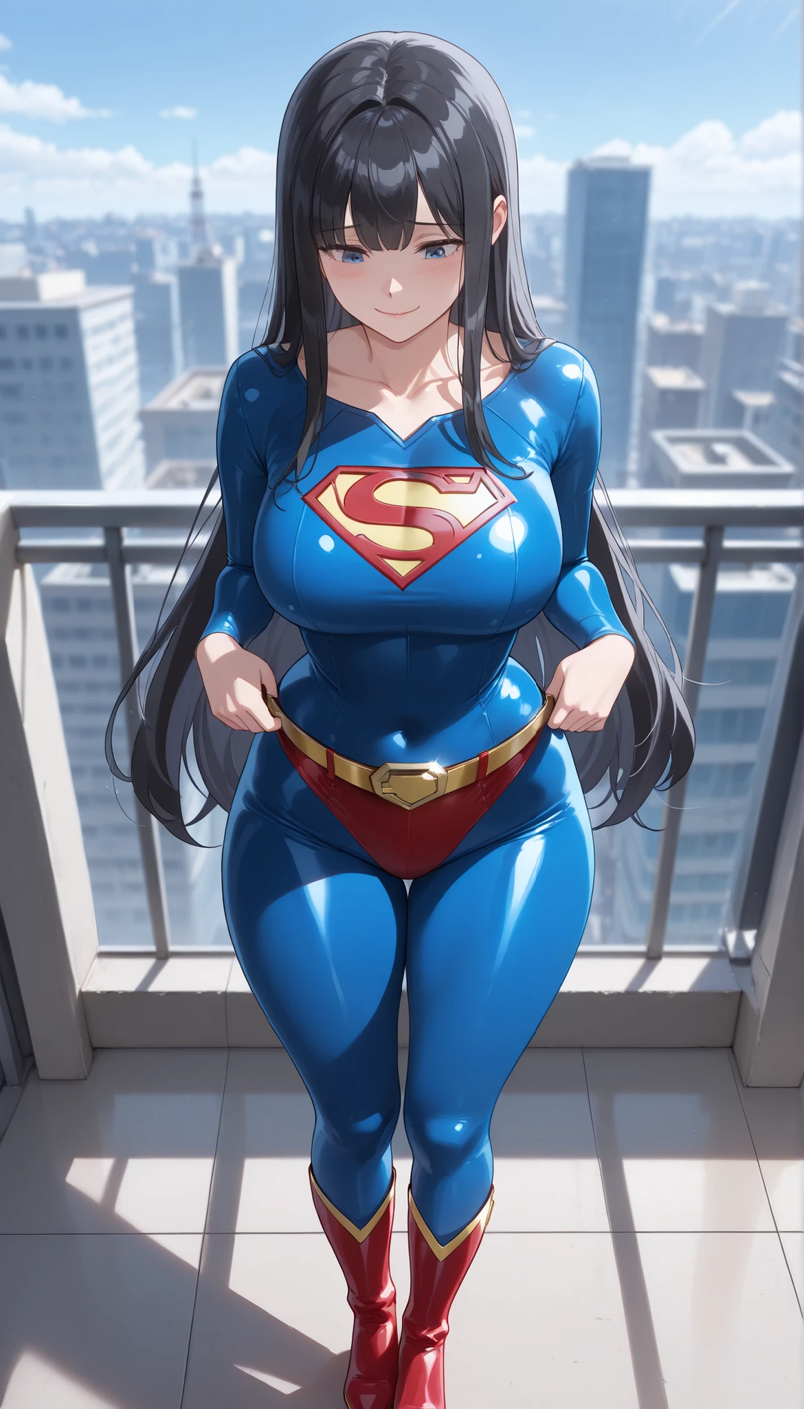 1girl, medium breasts, leotard, bare legs, tight belt, boots, gloves, city backdrop, solo, single, hands on hip, standing, energy emitting from her body, full body shot, cowboy shot, superhero, beautiful detailed eyes, body flowing with power, mature lady