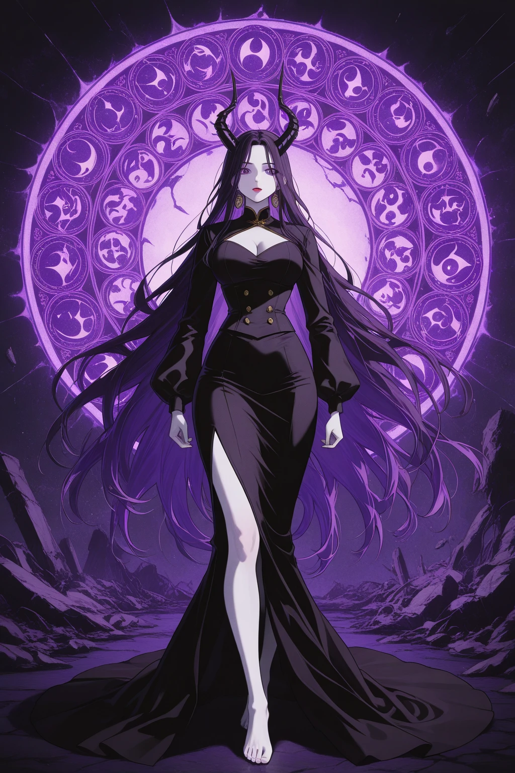 A woman stands tall with hair made of living snakes, her skin pale with a faint greenish hue, and her gaze sharp and deadly. Her eyes glisten with a mysterious light, as if capable of turning anyone who looks at her to stone. She wears a long flowing black gown, adding to her dark and elegant aura. The background is a dark rocky cave, with stalactites and stalagmites surrounding her, creating an eerie and mystical atmosphere.