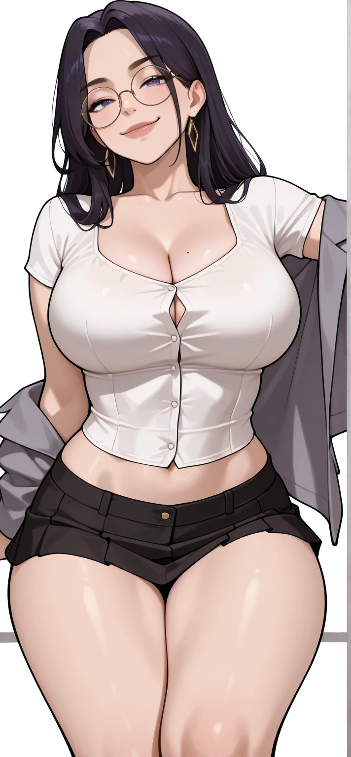 beautiful, (masterpiece:1.2), (best quality:1.2), perfect eyes, perfect face, perfect lighting, 1girl, mature businesswoman, MILF, medium breasts, pencil skirt, white shirt, cleavage, short hair, pompadour cut, necklace, earrings, ring, long nails, one hand on hip, office, detailed background
