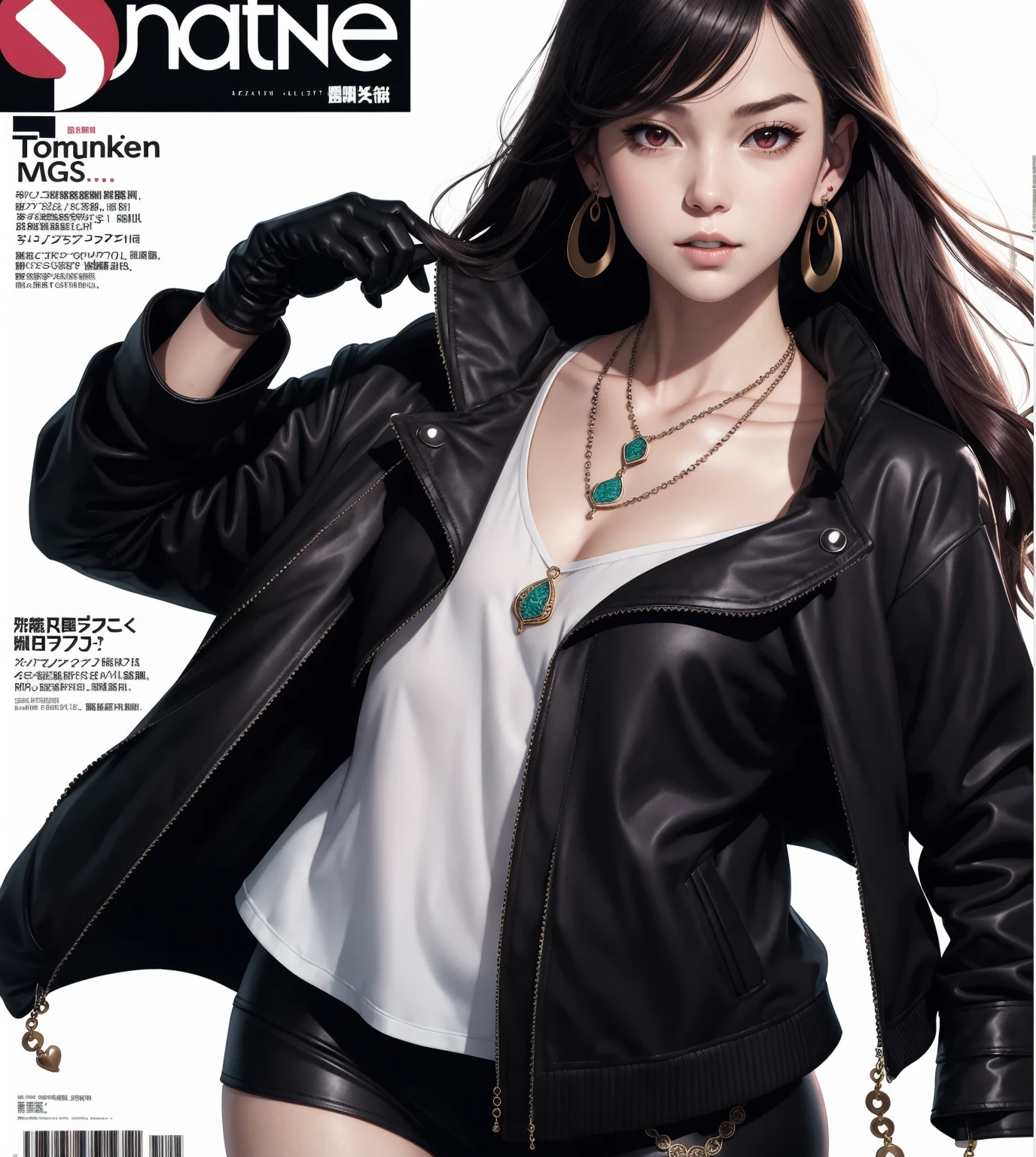 magazine scan,(magazine cover:1.2), cover text, text,( magatama necklace:1.1), wlop, 1girl, black gloves, black open jacket, character request, commentary, earrings, double v, jewelry, long hair, looking down, perfect flowing hair, solo