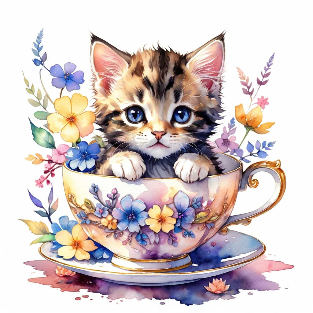 8K Ultra HD, highly detailed, Detailed illustration of a cute kitten in a teacup, style watercolor illustration, fantasy art, cute Background, soft tetrad color, A digital illustration of anime style, soft anime tones, luminism, Feeling like Kyoto Animation, pixiv, luminism, awesome full color,
