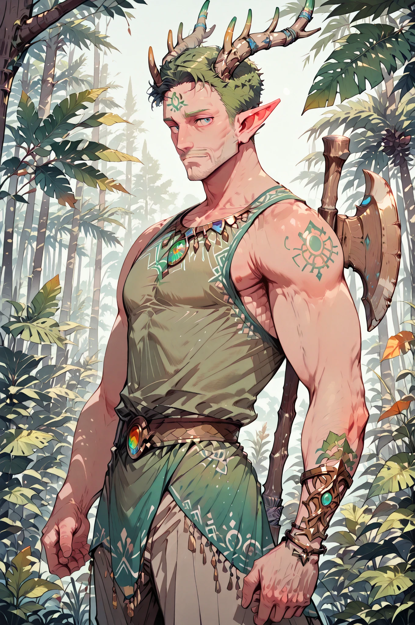 (masterpiece, best quality:1.2), highly detailed, solo, 1 man, mature man, a male elf, green hair, athletic slander body, great deer horns on forehead, shamanic clothes, armed with a wooden axe, magic circles shining around him, a tropical forest on background, fan art,