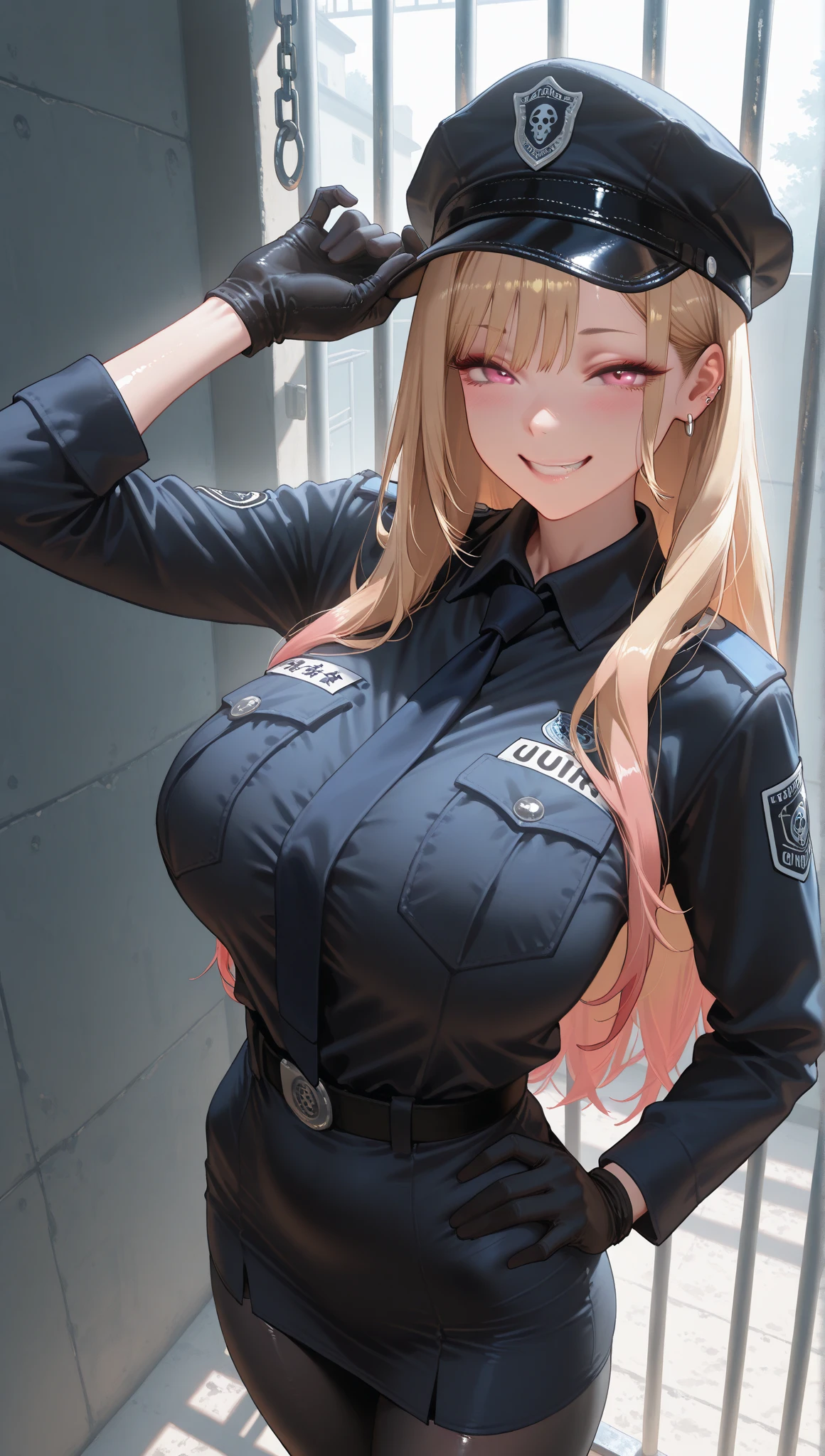 mugshot, view the viewer, Huge breast, Striped black and white prison jumpsuit, prison uniform, prisoner, prison girl, jailed, prisoned, Handcuffed, Restrained, shackle, domina, jail cell, lock, long blonde hair, ponytail, blue eyes
