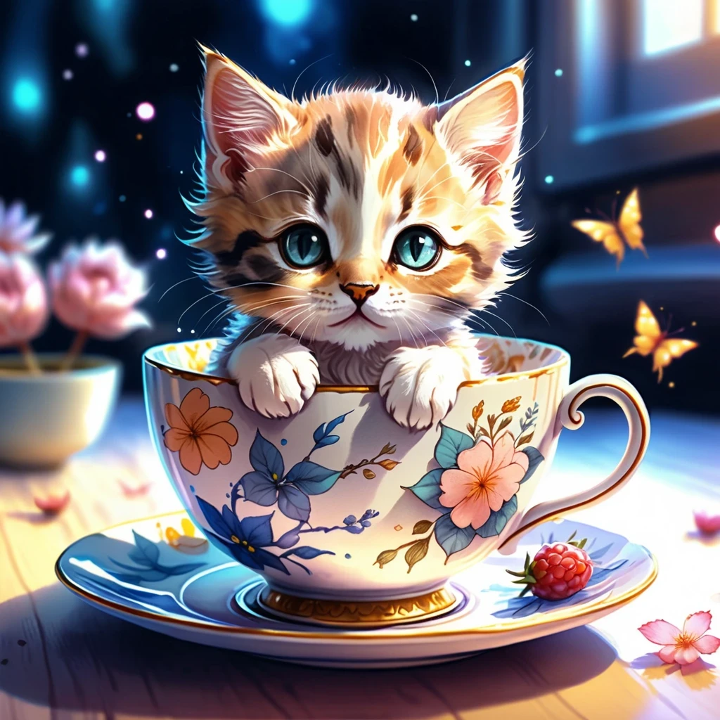 8K Ultra HD, highly detailed, Detailed illustration of a cute kitten in a teacup, style watercolor illustration, fantasy art, cute Background, soft tetrad color, A digital illustration of anime style, soft anime tones, luminism, Feeling like Kyoto Animation, pixiv, luminism, awesome full color,

