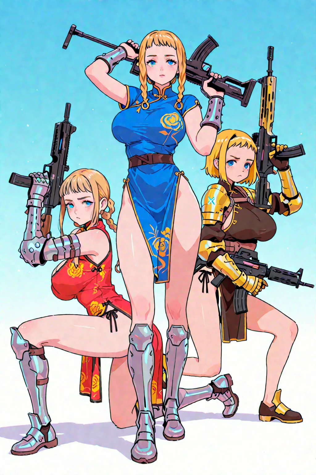 ((highest quality)), ((masterpiece)), (be familiar with), (High definition), 8K, perfect face、1 woman、one blonde woman (fearless smile)、combat readiness、tall、Long Hair、Volumetric hair style、big breasts、constricted waist、big ass、glamorous、Glamorous、protector、Armor、combat suit、combat boots、armed、Equipped with large firearms、Posing in front of a tank、cinematic、best shadow、side lighting