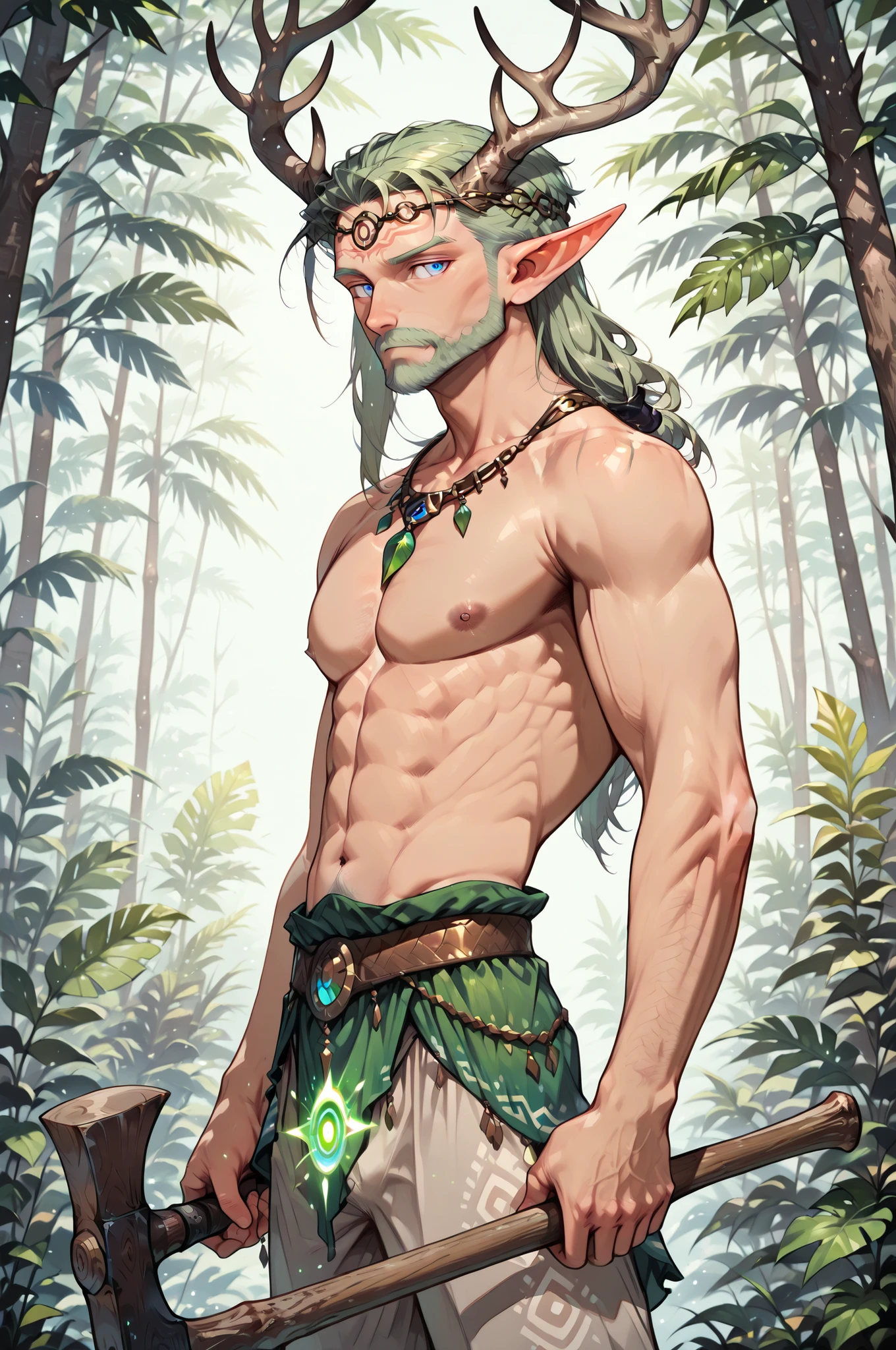 (masterpiece, best quality:1.2), highly detailed, solo, 1 man, mature man, a male elf, green hair, athletic slander body, great deer horns on forehead, shamanic clothes, armed with a wooden axe, magic circles shining around him, a tropical forest on background, fan art,