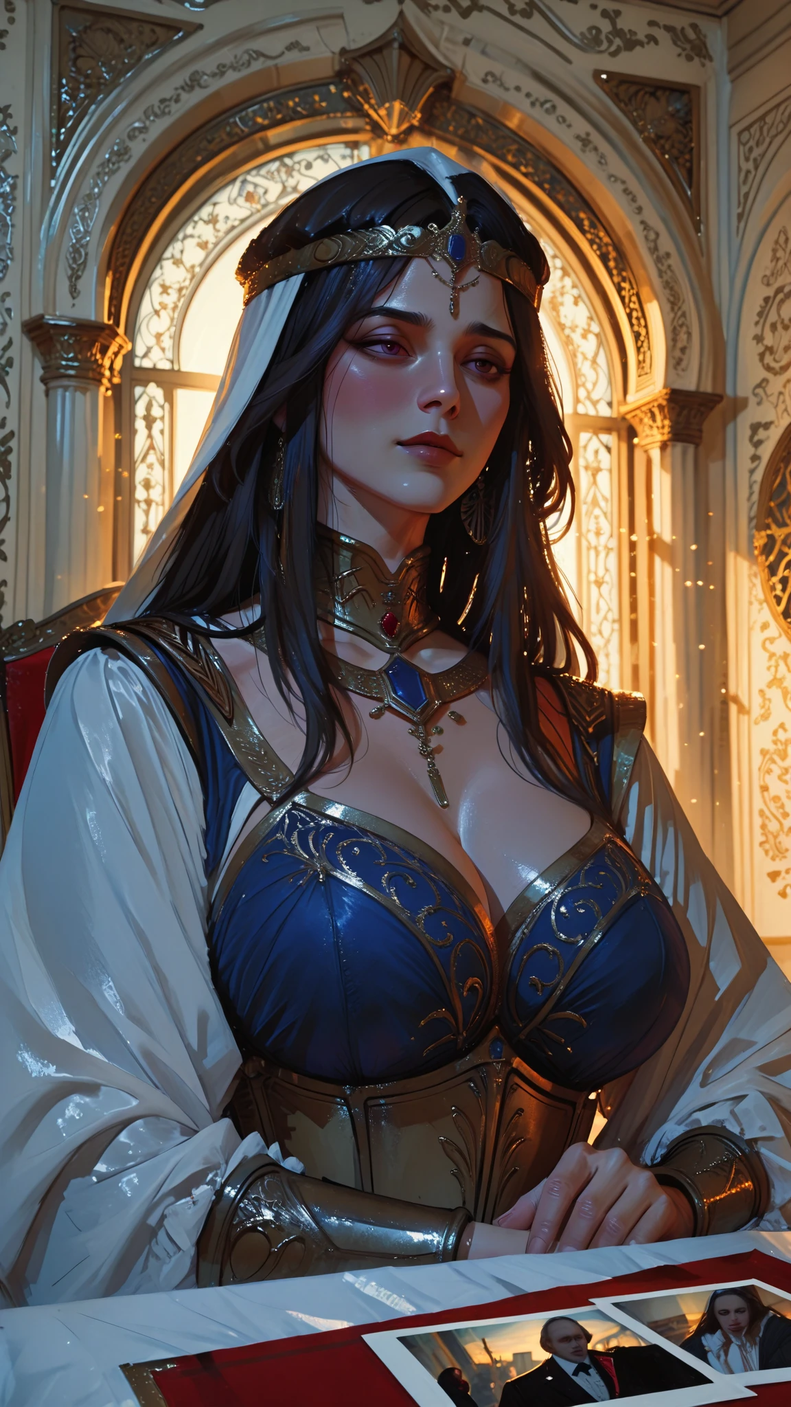 Mia Khalifa, ((Beautiful milf)), hourglass figure, enormous breasts, brown eyes, black hair, seductive face, dress, tan skin, arab princess, sanctuary, masterpiece, best quality, ultra detailed, realistic