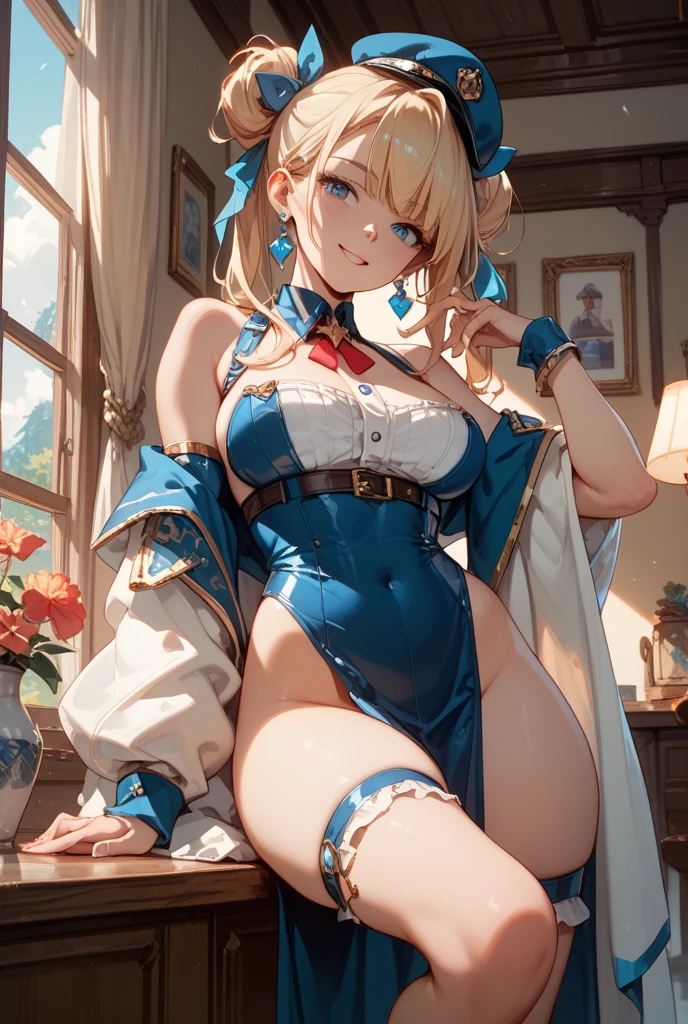 masterpiece, best quality, beautiful art, high resolution, well formed hands, body and fingers, 1 woman, solo, Jean Gunnhildr, adult, grown up,  big breasted, cleavage full body, wearing a Iroha Samurai Shodown outfit, hair ornament, gorgeous legs and thighs, black stockings, maid, sexy Japanese clothes, pelvic curtain, leotard peeking, dancing seductively and erotically, turning backwards and forwards , showing her back and front, and smiling joyfully, looking at the viewer, flirting, beach environment , biting her lips 