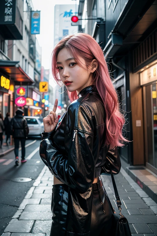 (hyper realistic: 1.4), (contrasting background: 1.5) ((Ultra detailed skin 1.4)) ( NVIDIA RTX Ray Tracing), golden ratio，(Advanced face detail: 1.1) ((full length body 1.5)) (masterpiece 1.4）16K resolution, 4k resolution (pink hair) "Generate an exceptionally photo realistic portrait of a young woman in her late twenties, with shoulder-length, curly pink hair and grey eyes. She is wet from rain drops on her face, clothes, neck, and chest. The rain drops are individually visible. She has a tanned mixed race complexion like Dichen Lachman. She is wearing a modern, edgy outfit consisting of a colourful open leather motorbike jacket, fitted t-shirt and a pair high waist dark leather jeans. She has a pearl and bronze necklace with many small charms, bronze earrings, and bronze rings on her fingers. Her lower lip is pierced with a ring. The expression on her face is one of curiosity, with a slight smile and her head tilted slightly to the right. Her make up is modern and edgy, with details around the contours of her eyes. Her pose is relaxed, with her hands loosely clasped in front of her. The background is a very dense urban city alley in the rain like, with very many neon signs juxtaposed with traditional lanterns of a shinto shrine. The lights cast many coloured reflections on the wet pavement. The style should be photorealistic, with high attention to detail and lifelike rendering." long legs in dark high waist jeans, high heel fashion motorbike boots. There is a vintage british motorbike parked in the background. she is holding a motorbike helmet.