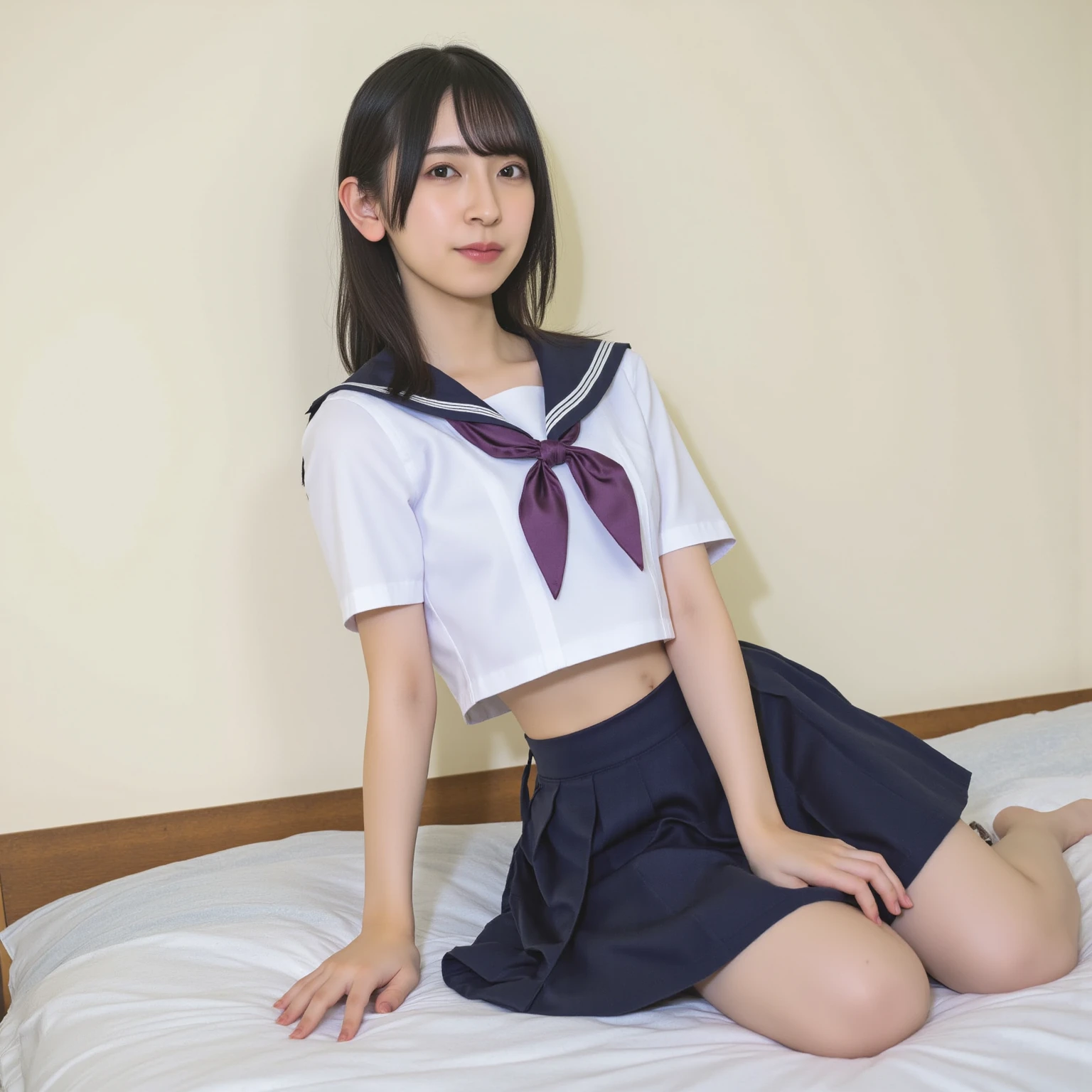 photoRealistic:1.1、1 girl、(Lying in bed、Japanese schoolgirl shows off her panties:1.1)、((Please lie on your back:1.4))、(Sailor suit、紺色のプリーツskirt、Black socks)、Wet Panties、(Floral print small silk panties)、Realistic、skirt、Realistic skin texture、Realistic、(アップskirt、skirtリフト)、Highest quality、masterpiece:1.3、Ultra-high resolution、(View from below:1.5、Panties close up:1.5)、Embarrassed look、((Spread your legs out to the side:1.4))、((Audience:1.4))、Bold Pose、Realistic skin texture