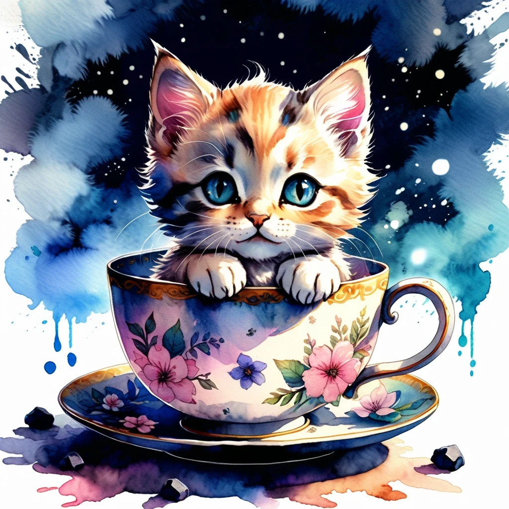 8K Ultra HD, highly detailed, Detailed illustration of a cute kitten in a teacup, style watercolor illustration, fantasy art, cute Background, soft tetrad color, A digital illustration of anime style, soft anime tones, luminism, Feeling like Kyoto Animation, pixiv, luminism, awesome full color,