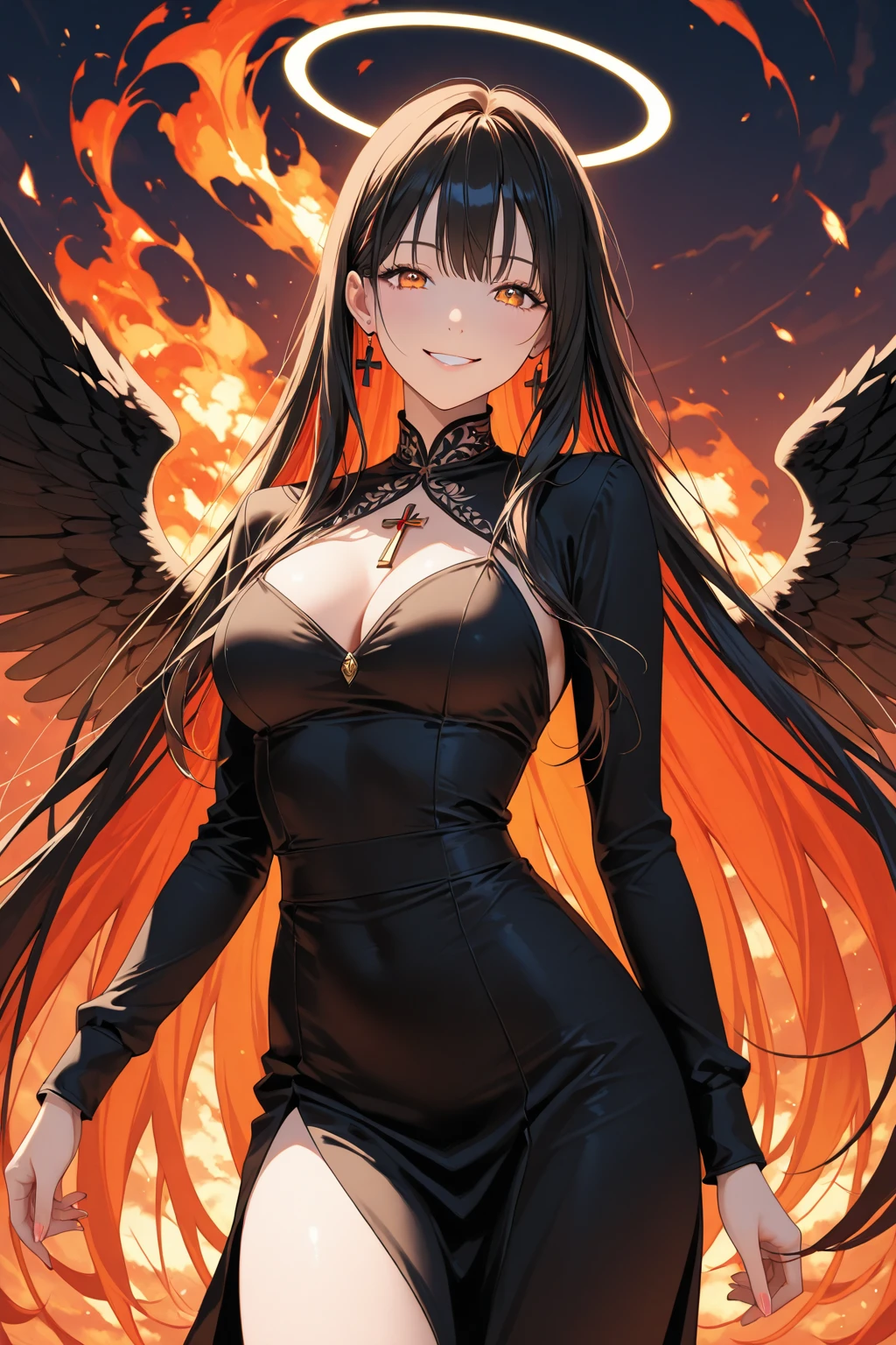 fall angel, A super-powerful demon with demon wings,devil&#39;s tail,Black Bigini, purple lightning engulfed in flames.、darkness, In the clouds of darkness、cleavage、short bob hair