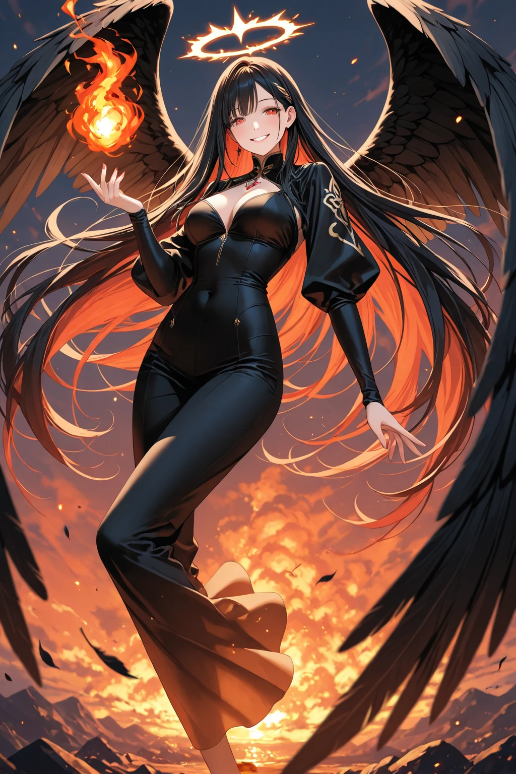 Full-body image of a female angel in the art style of Bleach. She has dark gray eyes and hair shaved on the sides, with a white strand swept to the left, featuring a large golden-beige highlight. She wears red lipstick. Her long dress is yellowish, covering only her collarbones and breasts, with the rest of the dress from the waist down in dark orange. She also wears an orange cape. A large dark orange halo hovers behind her, and she has a single pair of wings