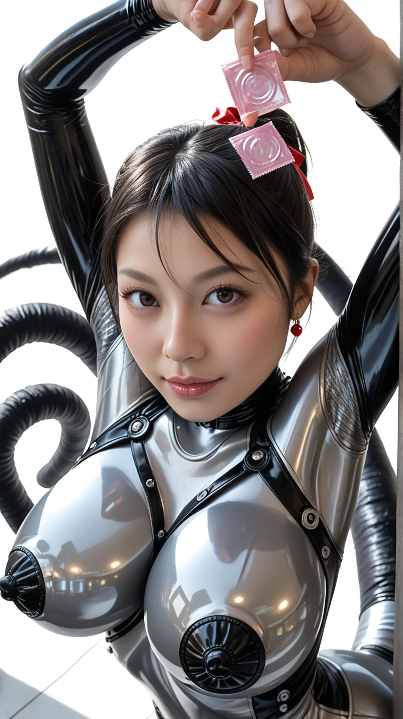 high quality, masterpiece, Very detailed, 8k, A beautiful 16 year old Japanese girl:1.5, Small face, blunt bangs, Breast Augmentation Surgery, (紫のtaimanin suit:1.5), He has a large metal helmet on his head that covers his hair and eyes., tube, wire, She gets electrocuted, brainwashing、 height:177cm、 Stick your tongue out、 Open your mouth and show me your throat