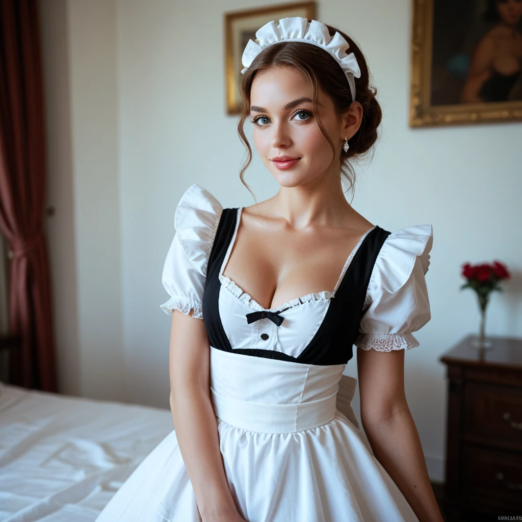 ((masterpiece、highest quality、Award-winning work、8K、ultra high resolution))、(Beautiful and finest royal bride maid princess))、((the most gorgeous wedding maid、finest bride maid、The finest bride maid princess、gorgeous victorian maid dress、Finest and luxurious ruffled black and white maid princess costume、luxurious long skirt, gorgeous victorian maid costume,gorgeous princess maid dress))、((Against the backdrop of the exteriors of Europe&#39;s most luxurious and luxurious castles、The most luxurious and finest castle、elegant posture、fold your hands in front of your belly button、accurate anatomy、The most luxurious and finest castle))、(emphasize body line、Big breasts that are about to burst、the best smile when you look at me)、pregnancy