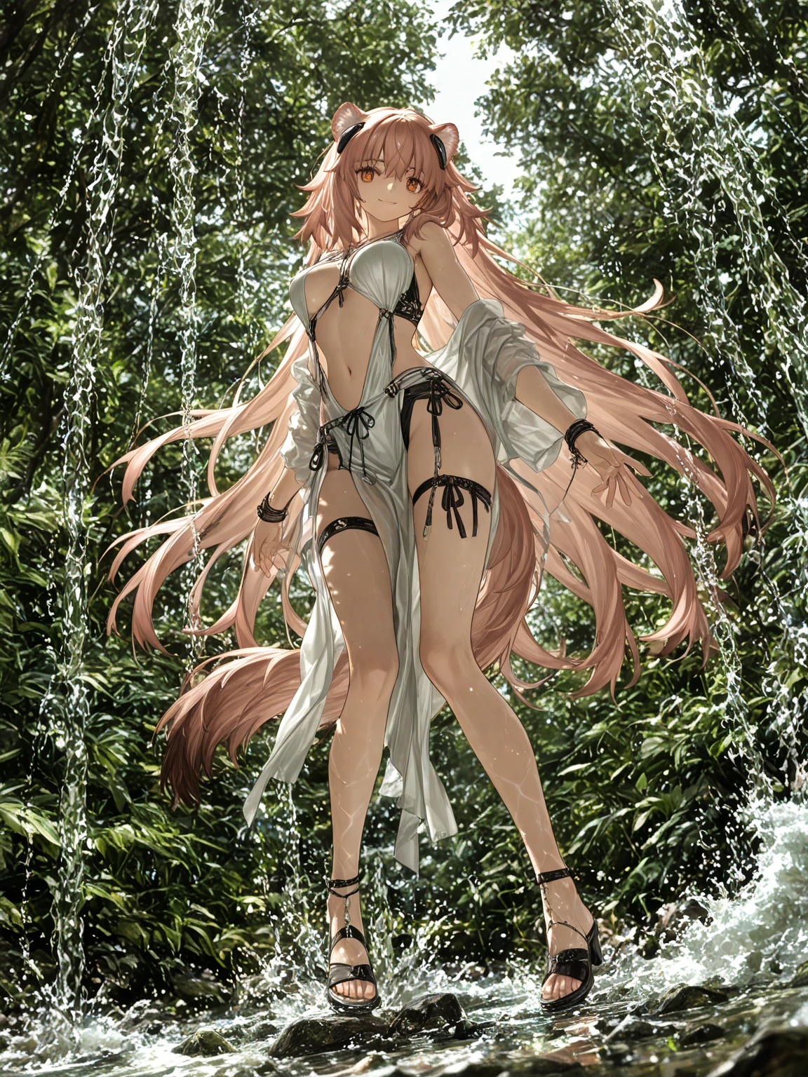 She has long pink hair，Golden pupils，Wearing a light purple and pink semi-leaky shoulder dress，The legs are covered with white silk，Standing under the stars looked at me shyly