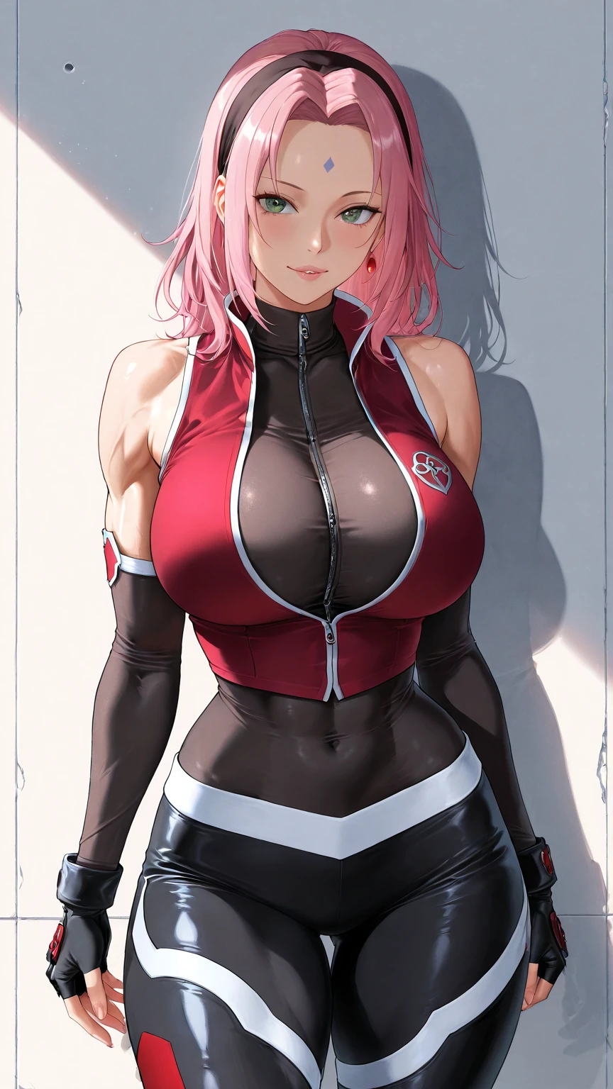 tmasterpiece， Best quality at best， 1girll， Sakura Haruno， Large breasts，upperbody closeup)，Raised sexy，is shy，ssmile，with pink hair， Green eyeballs:1.4)， Forehead protection， alley, prostitute, slutty, zipper panties, nipple pasties, nude