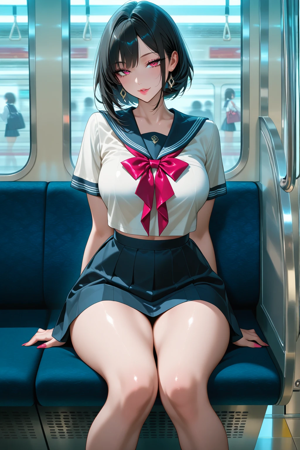 (masterpiece:1.3), (8k, photorealistic, RAW photo, best quality: 1.4), (1girl), beautiful face, (realistic face), (black hair, short hair:1.3), beautiful hairstyle, realistic eyes, beautiful detailed eyes, (realistic skin), beautiful skin, attractive, ultra high res, ultra-realistic, highly detailed, golden ratio,(spread legs:1.2), (nude:1.1), no pubic hair, spread pussy, 1girl, sitting in a subway car, NSFW, showing pussy, spread legs, skirt, school uniform, holding smartphone, neon lights, dystopian city, hackers, detailed, balanced, masturbation, shirt lift,