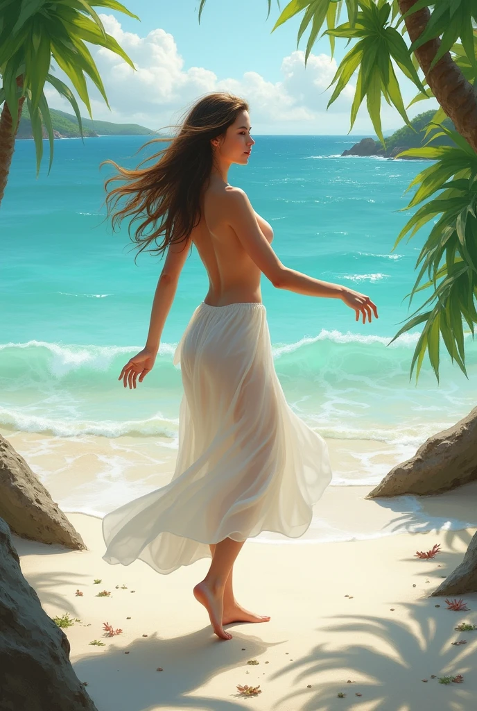 a woman walking out of the ocean wearing a wet white dress