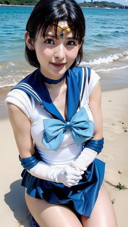 One woman, highest quality, 8k, High resolution, Very detailed, Realistic:1.37, anti-gravity environment, Beautiful Japanese Women, Mature Woman, Lady, Elderly woman, 55 years oldの既婚女性,  May Pokemon, Mature Woman, Japanese Mature, 55 years old, Blue Bandana, Brown Hair, Low Ponytail, blue eyes, (Sailor Mercury:1.4), Pose with your arms raised, chest, chestの谷間, Thighs, Beach, 