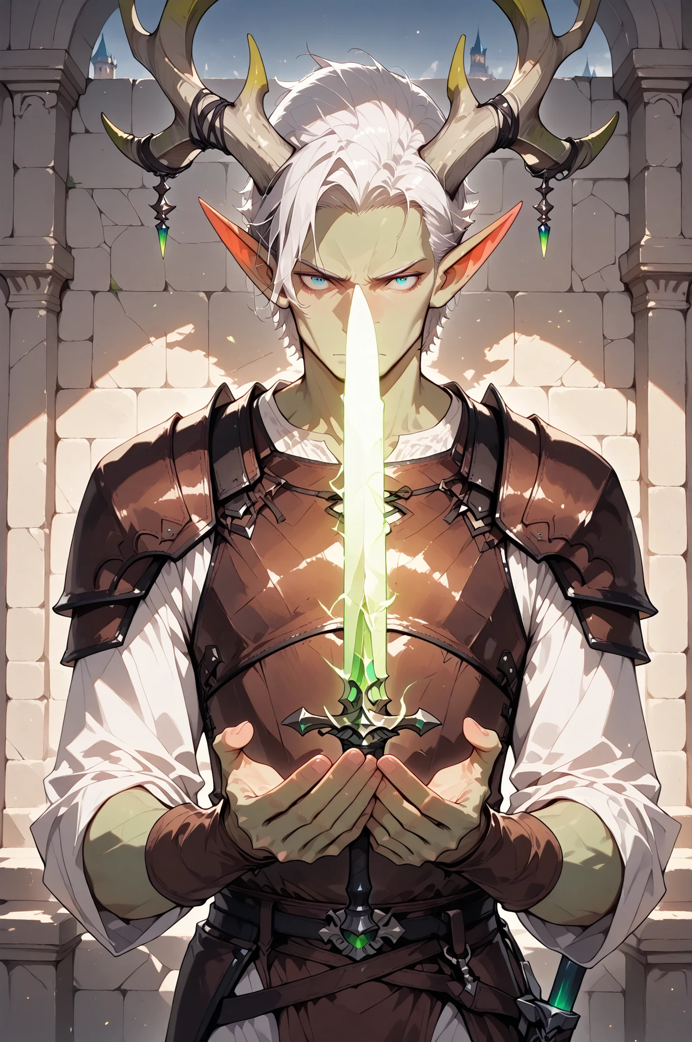 (masterpiece, best quality:1.2), highly detailed, fantasy theme, solo, 1 man, mature man, a male elf, green skin, white hair, slander body,large deer horns, wearing a leather armor, a magic sword shining on his hands, a castle walls on background, fan art,