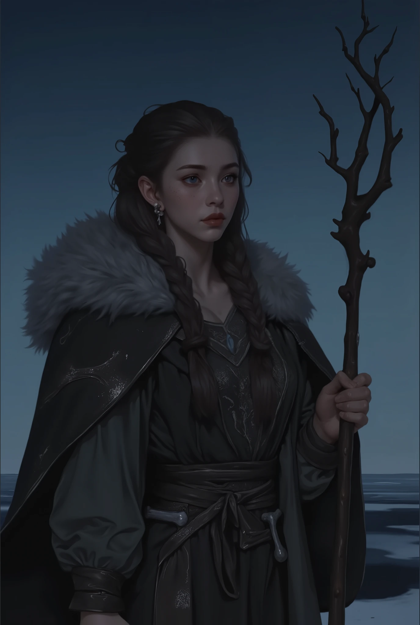 a close up of an woman standing beneath a dusky sky, dusky background with dark blues and blacks, dusky sky with stars, pale complexion, pale skin, raven dark hair messily braided into two braids, two messy braids, lean musculature, feminine, semi-androgynous, tall, lithe, soft blue-gray eyes, soft lips, wearing dark furs and a dark dress made of dark fabrics, wears fur cloak with fur mantle, bone necklaces, serious expression, holding a simple wooden staff decorated with bones and hanging beads, fantasy art, moody, dark, serious, Viking seer, Norse, painterly, semi-realistic, extremely detailed, beautiful