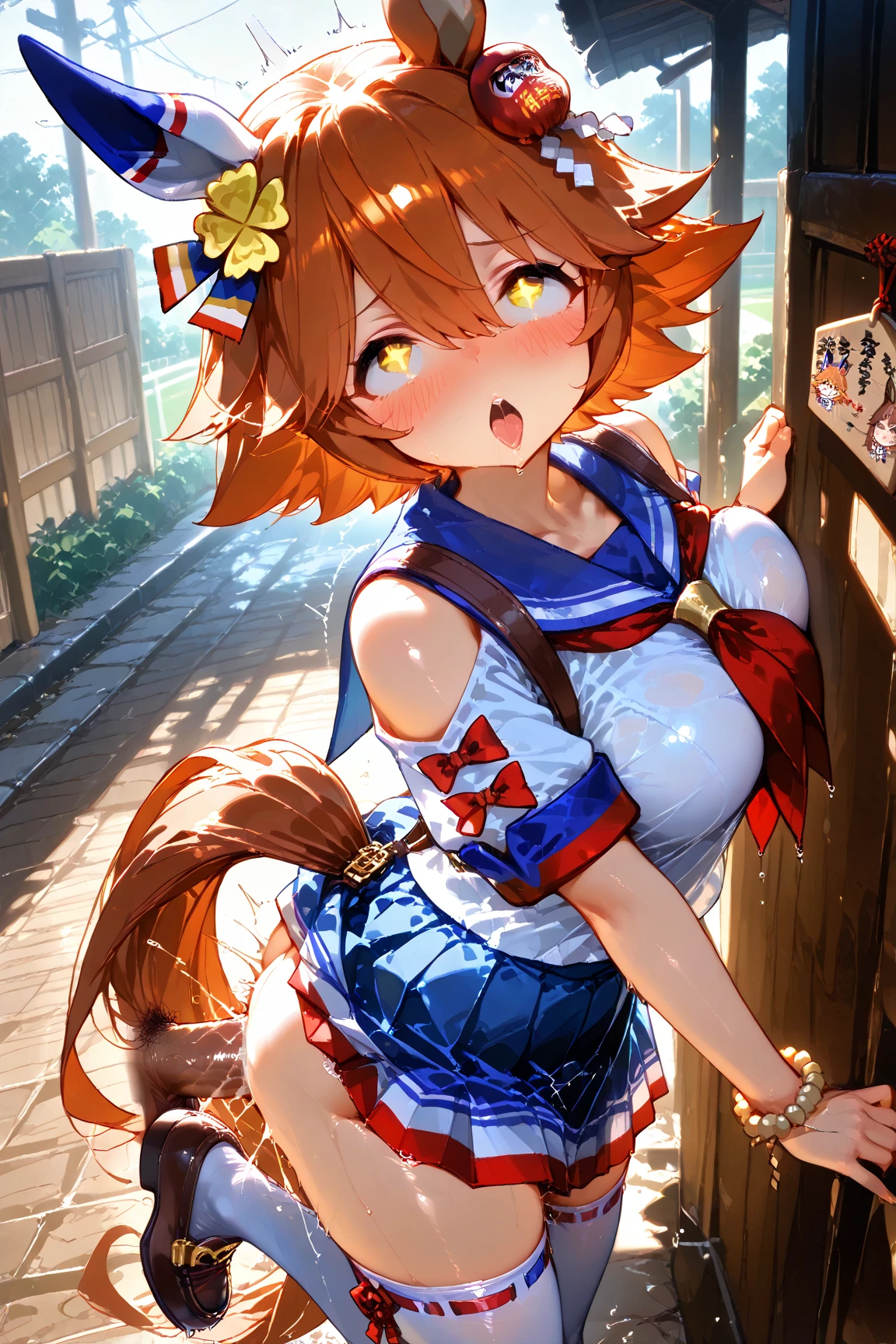 masterpiece, best quality, ultra-detailed, glistening shiny, glowing light, ray tracing, HDR, deph of field, (perfect face, detailed face, detailed eyes,perfect hands,perfect fingers),(medium boobs:1.2),8k,HD,ultra realistic face,ray tracing,perfect lighting,best quality, ultra-detailed, shiny eyes, (looking at viewer,open mouth smile:1.1), ((1girl)), (mature female:1.4),cowboy shot,thicc,(ass, from behind, ass focus,bent foward),
(heterochromia:1.6),(((right_eye(orange):1.4,left_eye(blue):1.4))):1.9,(twintails),streaked_hair,((orange gradient hair)),multicolored eyes, gradient eyes, (glowing eyes:1.5), mascara, (fashion make up), parted lips,blush,school uniform, skirt, coat, beret, scarf, skirt lift by wind,panties,cameltoe,all fours,
((middle of japanese countryside,japanese bridge,over the bridge,river,cherry trees,cherry petals,dark blue sky)),((super detailed background)), dynamic poses, ((8k wallpaper))
