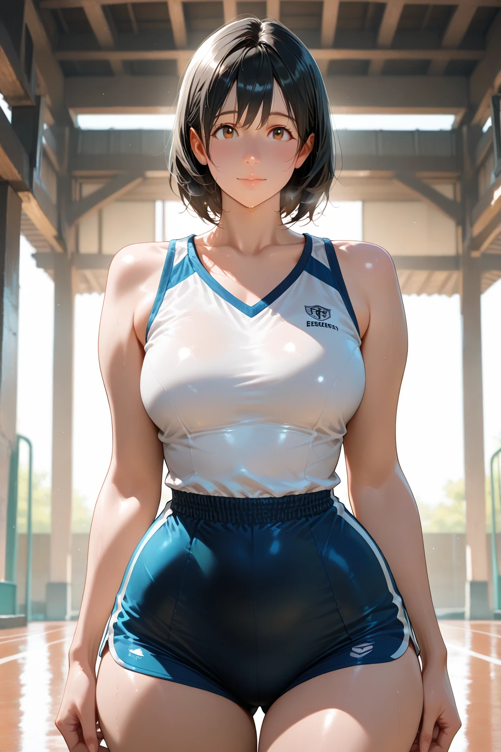30 years old woman, on a soccer field, mini shirt, tight shirt,, medium breast, tight abs, mini skirt, no panties, long legs, sexy, Bob cut hair