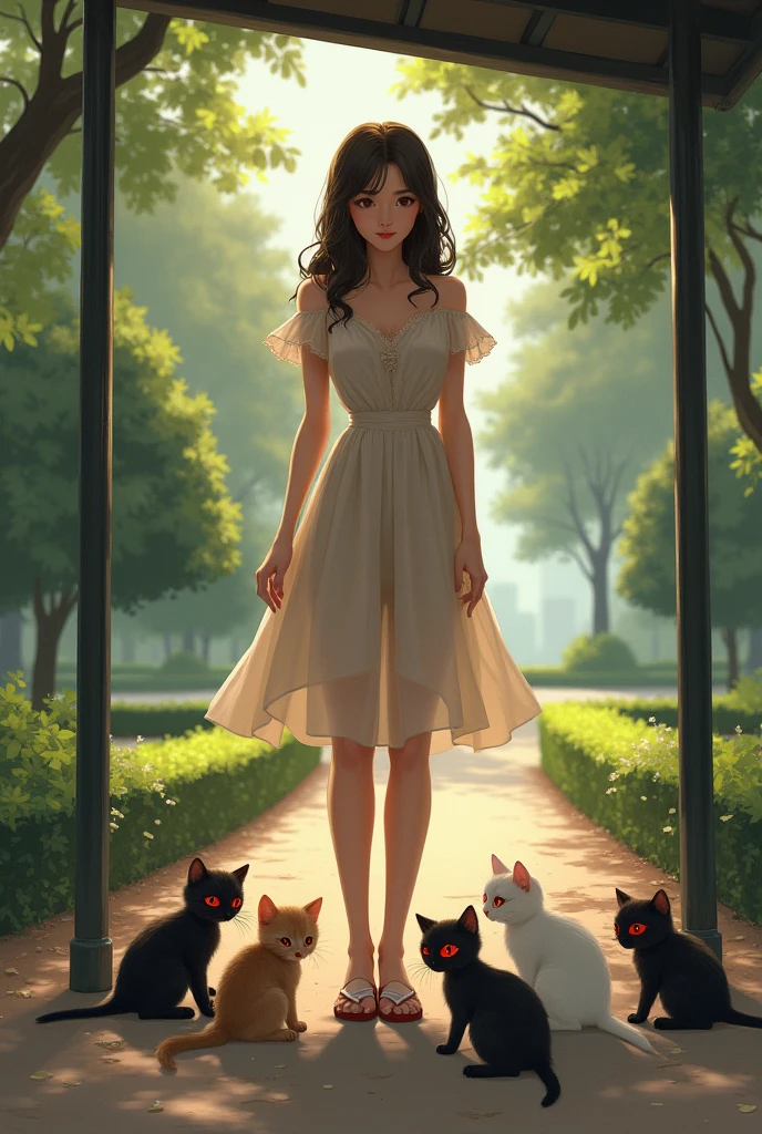 A woman walks past a cat and looks.