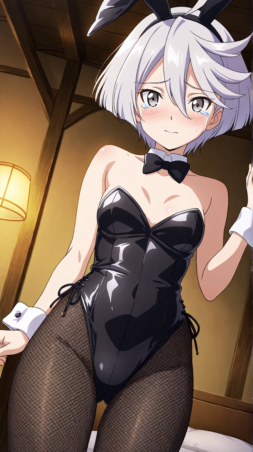 totsuka_almost_yahariorenoseishunlovecomewamachigatteiru grey_hair, short_hair, male_focus, blue_eyes, smile, playboy bunny, Playboy lasts, fishnet stockings, the breasts do not fill the suit, fat butt,