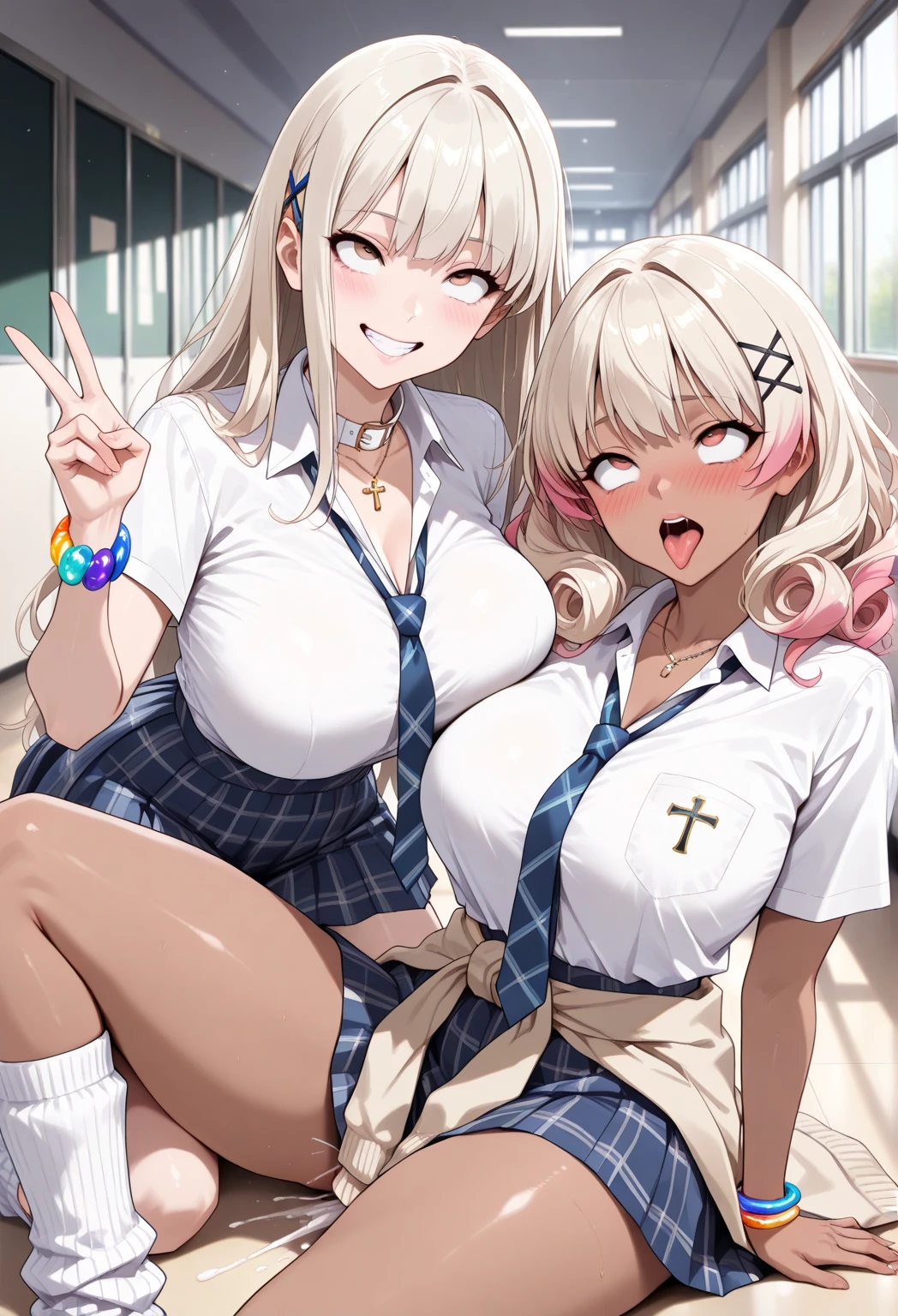 ((2 gilrs)),((girl's_love)),((yuri)),(vest school uniforms,Thigh-high socks,pleated Skirts that are too short and expose underwear,),Shiny glossy body,Heavy breathing,saliva, sweat, Sweaty and wet all over,gigantic breast,nipple,nsfw,((cowboy shot)),(Grasp the other person's breasts),((love juice is gushing out from crotch)),,blond hair,white hair,Sporty hair,deep kiss, french kiss,Open your crotch and legs wide and lie down on the bed,